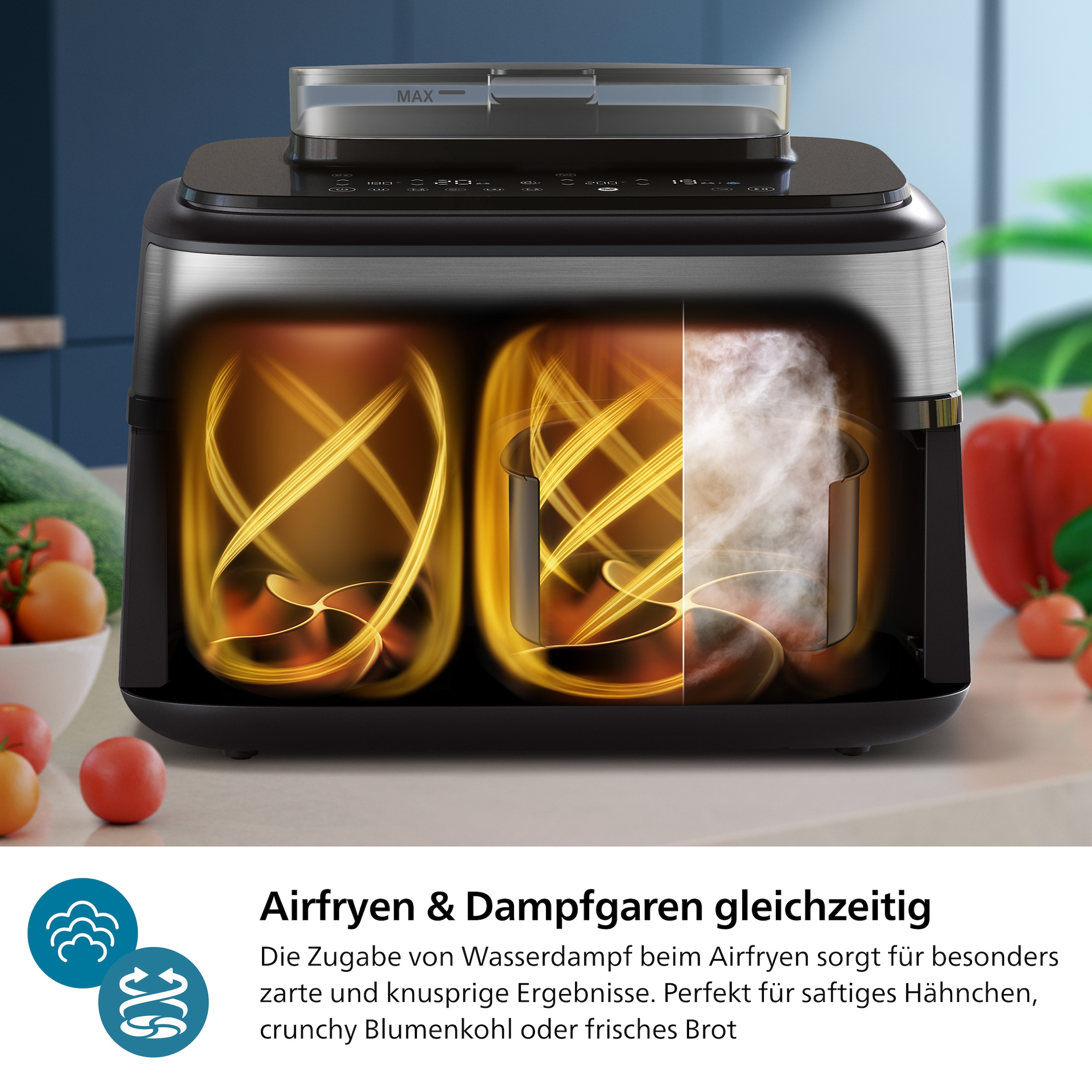 Philips Heißluftfritteuse »NA555/00 Steam Airfryer 5000 Series Dual Basket, 9L Kapazität (3L+6L)«, 2750 W, mit Dampfgar-Funktion; Silber/Edelstahl