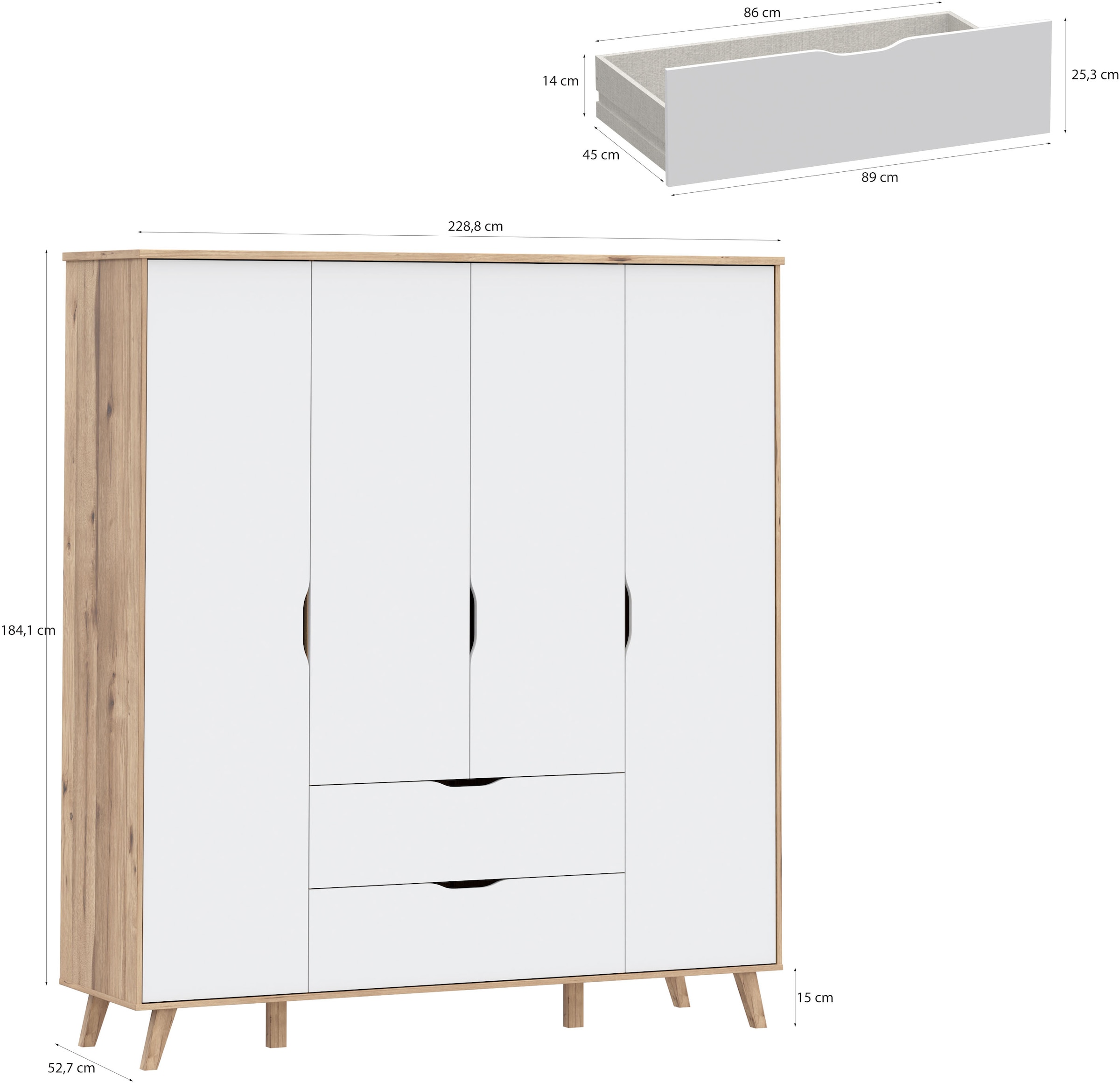 FORTE Kleiderschrank »Vankka, Drehtürenschrank, Viel Stauraum, skandinavischer Stil« Made in Europe, mit Einlegeböden+Kleiderstangen+Schubladen,grifflos