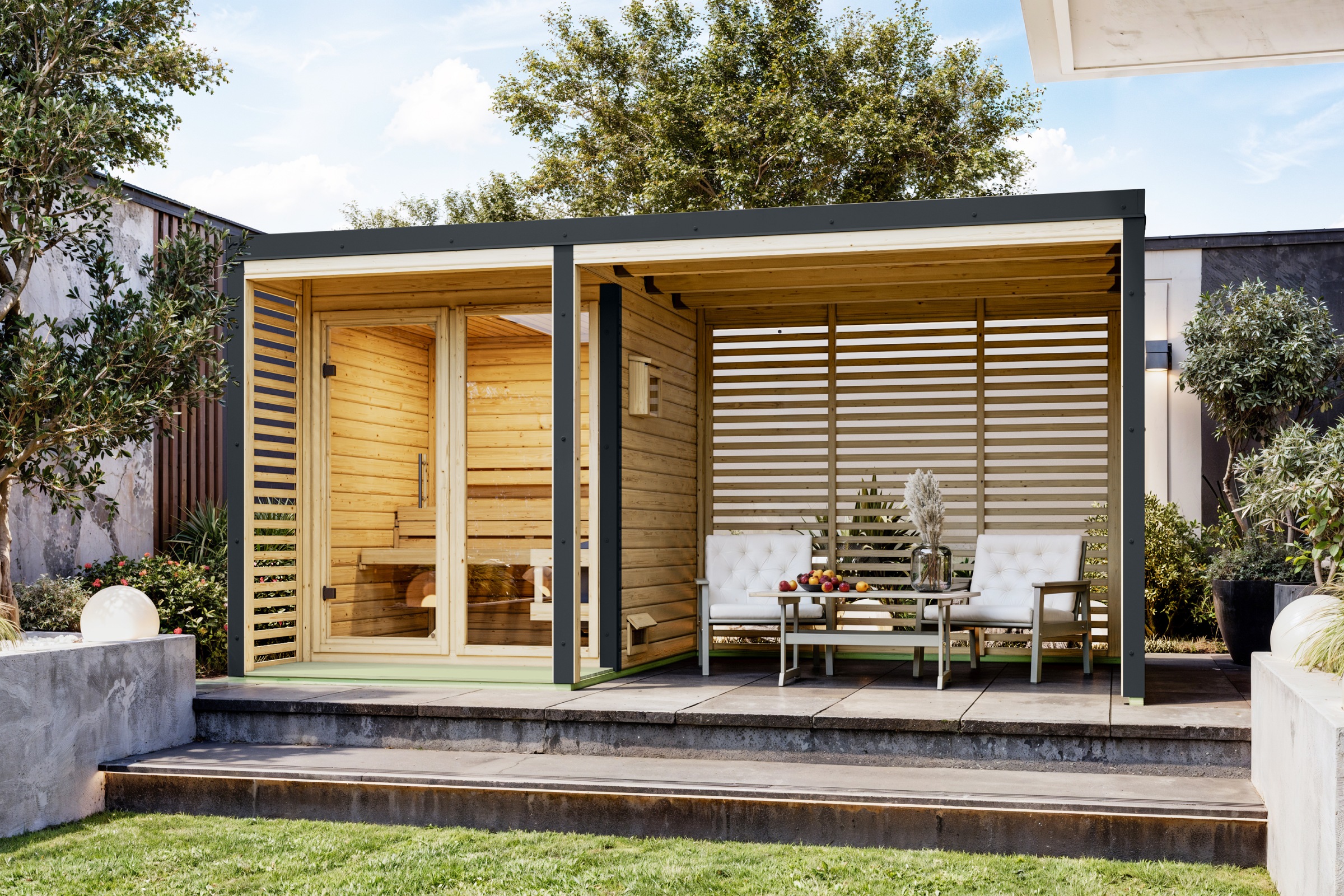 Karibu Anbaudach »für Saunahaus "Adrian" 2,76m inkl. Lamellenwänden« naturbelassen-anthrazit