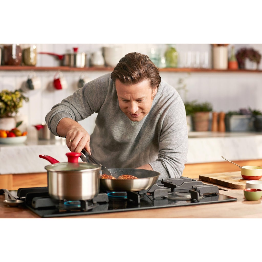 Tefal Topf-Set »Tefal by Jamie Oliver Mainstream«, Edelstahl, (Set, 8 tlg., Bratentopf 24 cm, Stielkasserolle 16/18 cm, Bratpfanne 24/28 cm), Edelstahl-Set Jamie Oliver, Red Collection, alle Herdarten,Induktion