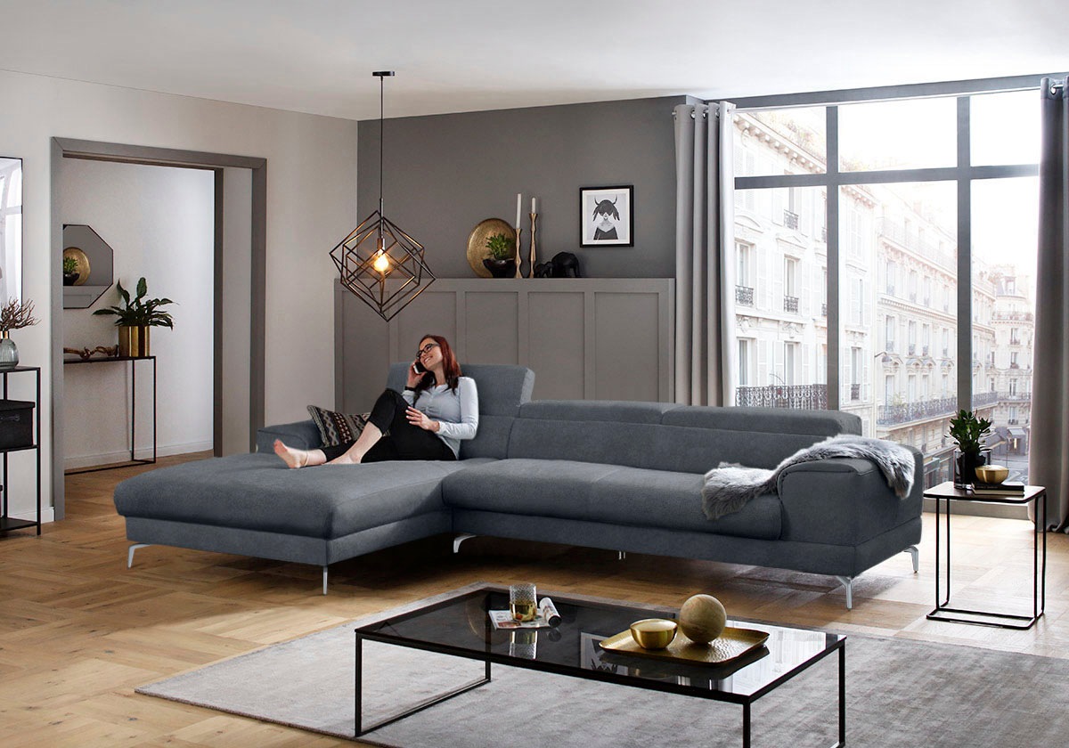 W.SCHILLIG Ecksofa »piedroo, Designsofa mit tollem Sitzkomfort, bequem und elegant, L-Form«, Kopfteilverstellung, wahlweise mit Sitztiefenverstellung, Breite 343cm