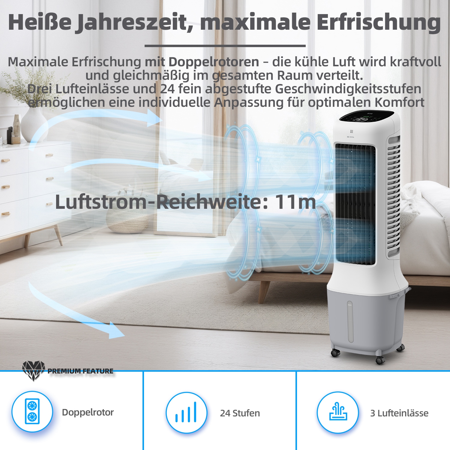 be cool Ventilatorkombigerät »Premium Turmluftkühler mit Wifi und abnehmb. 10l Tank«, 24 Geschwindigkeitsstufen, abnehmbarer Wassertank, WiFi