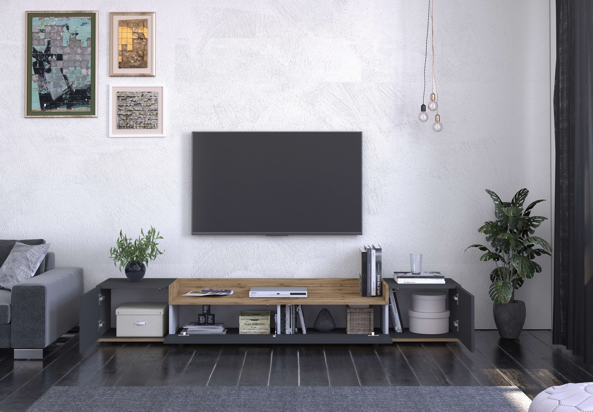 OTTO home Lowboard »BOLSENA,TV-Kommode, TV-Möbel,TV-Bank, 4 Fächer und offenes Ablagefach« 1 Stk. tlg. stehend/hängend montierbar, Made in Italy, B/T/H: 200 × 35 × 31,2 cm