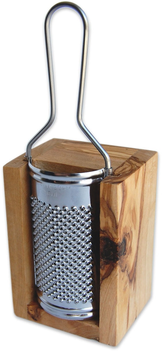 Olivenholz-erleben Käsereibe »für Hartkäse und Muskat, aus Edelstahl mit Olivenholzbox«, (Set, 2 St., Metallreibe Edelstahl mit Auffangbox aus Olivenholz), Metallreibe aus Edelstahl, Auffangbox aus Olivenholz, auch für Muskat