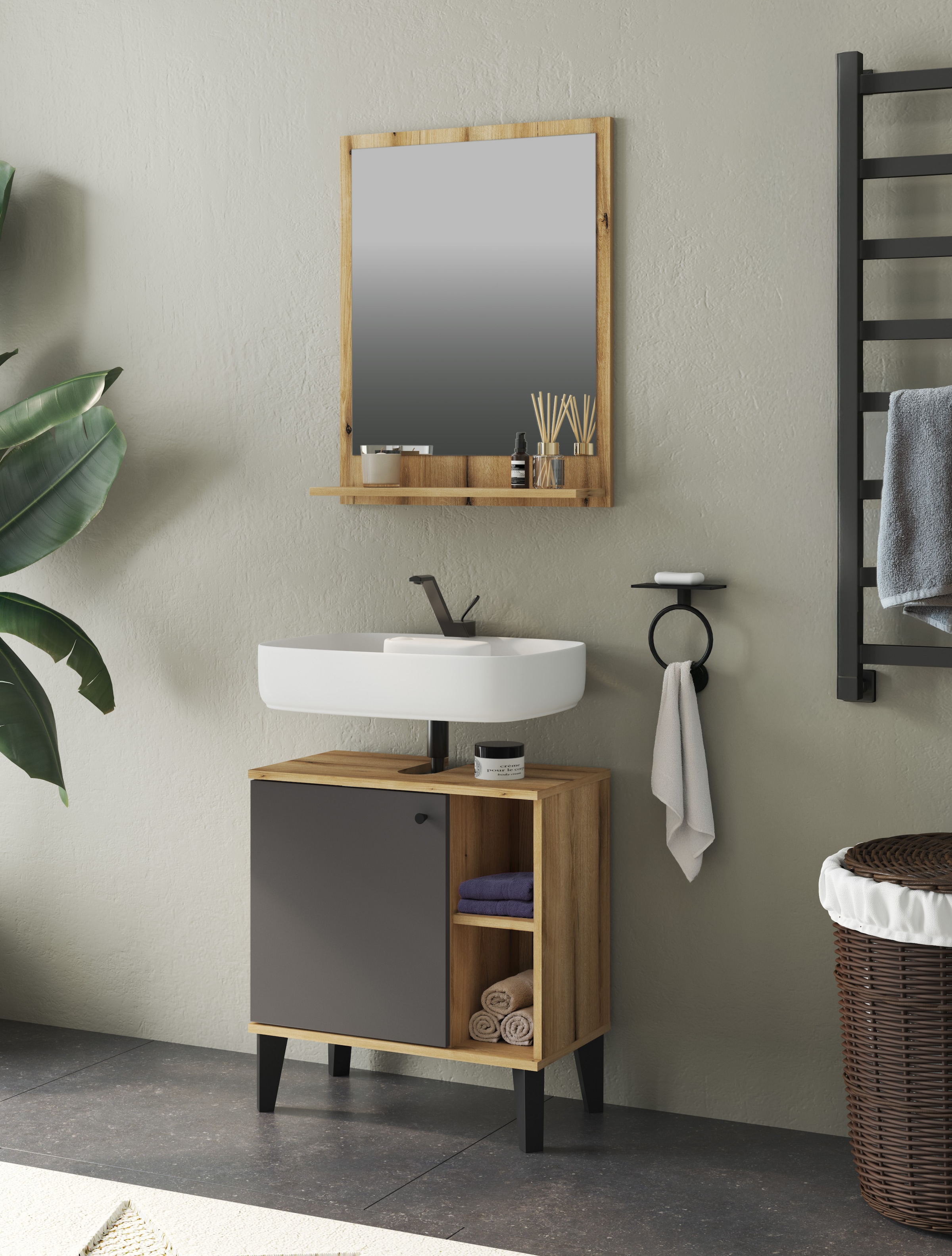 INOSIGN Badspiegel »Oslo, Spiegel in Eiche Evoke, Wandspiegel im skandinavischen Design«, mit Ablagefläche, 60 cm breit