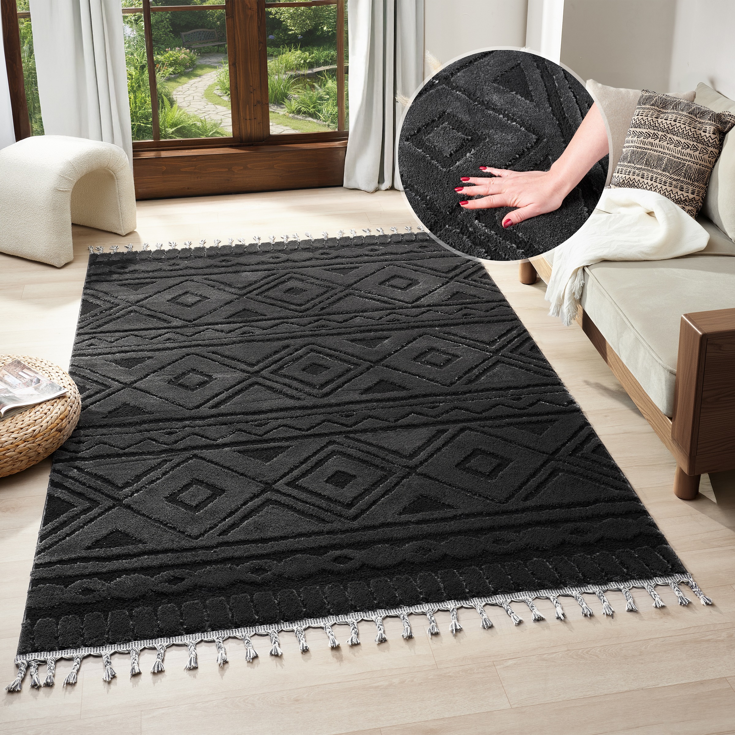 OTTO home Teppich "Bonvo" rechteckig 19 mm Höhe mit Fransen, Hoch-Tief-Struktur, Wohnzimmer, Schlafzimmer, Boho-Style