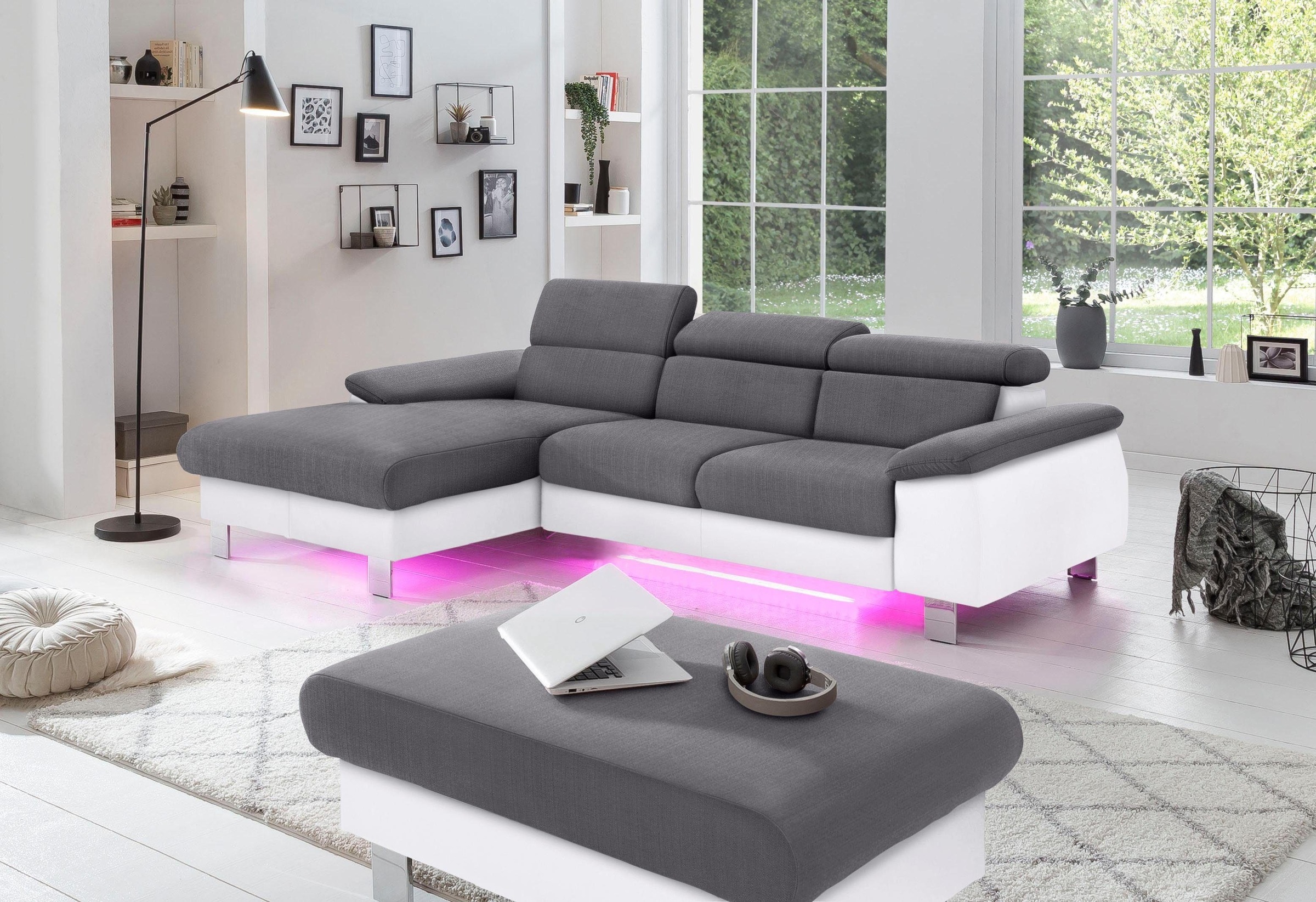 COTTA Polstergarnitur »Komaris L-Form, B: 242 bzw. 100 cm (Set: Ecksofa & Hocker)«, (Set), mit Kopfteilverstellung, optional Bettfunktion, Bettkasten & Licht