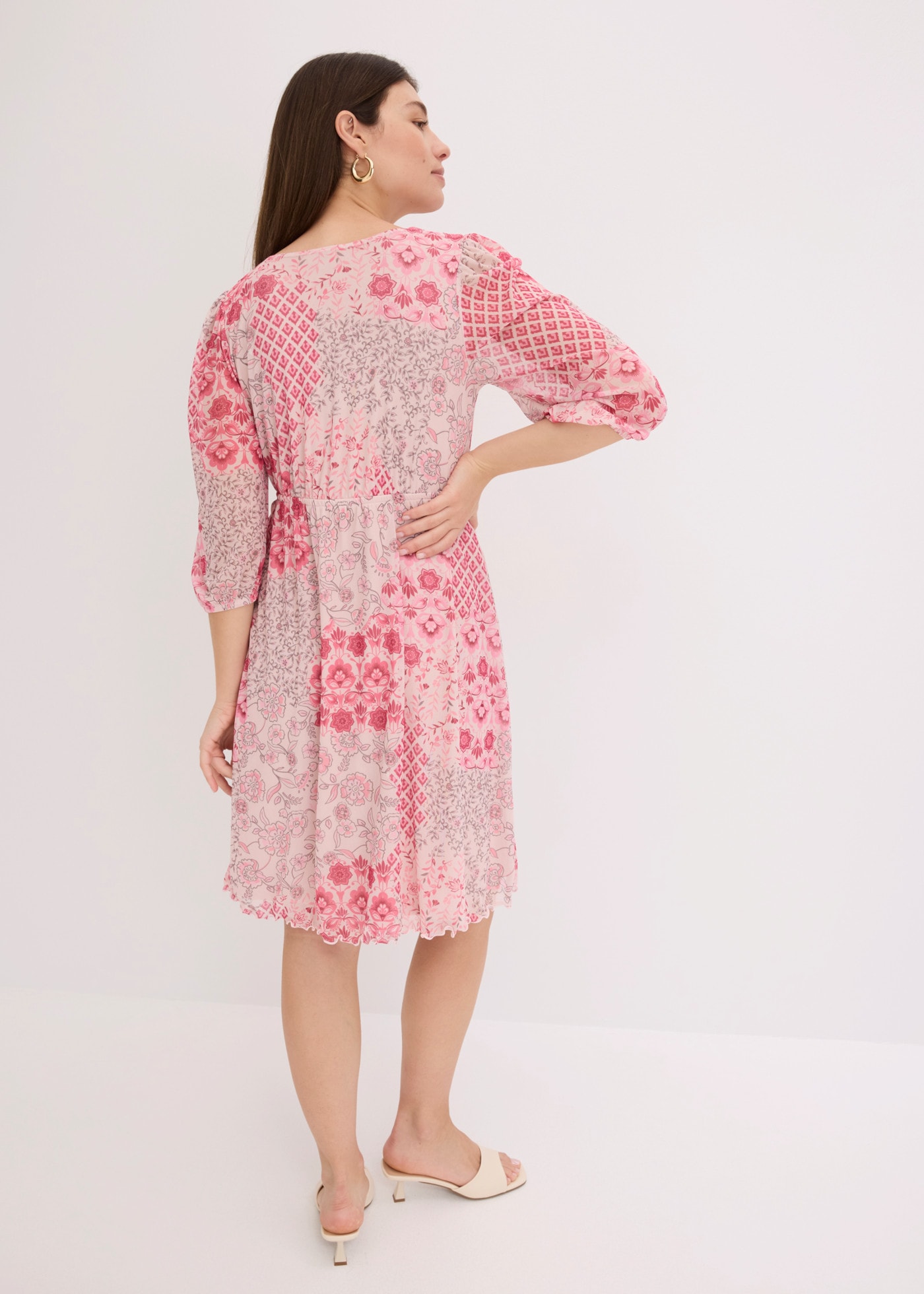 bonprix Tunikakleid lockerer Schnitt, mit Bindeband in der Taille, 3/4-Ärmel, Mesh