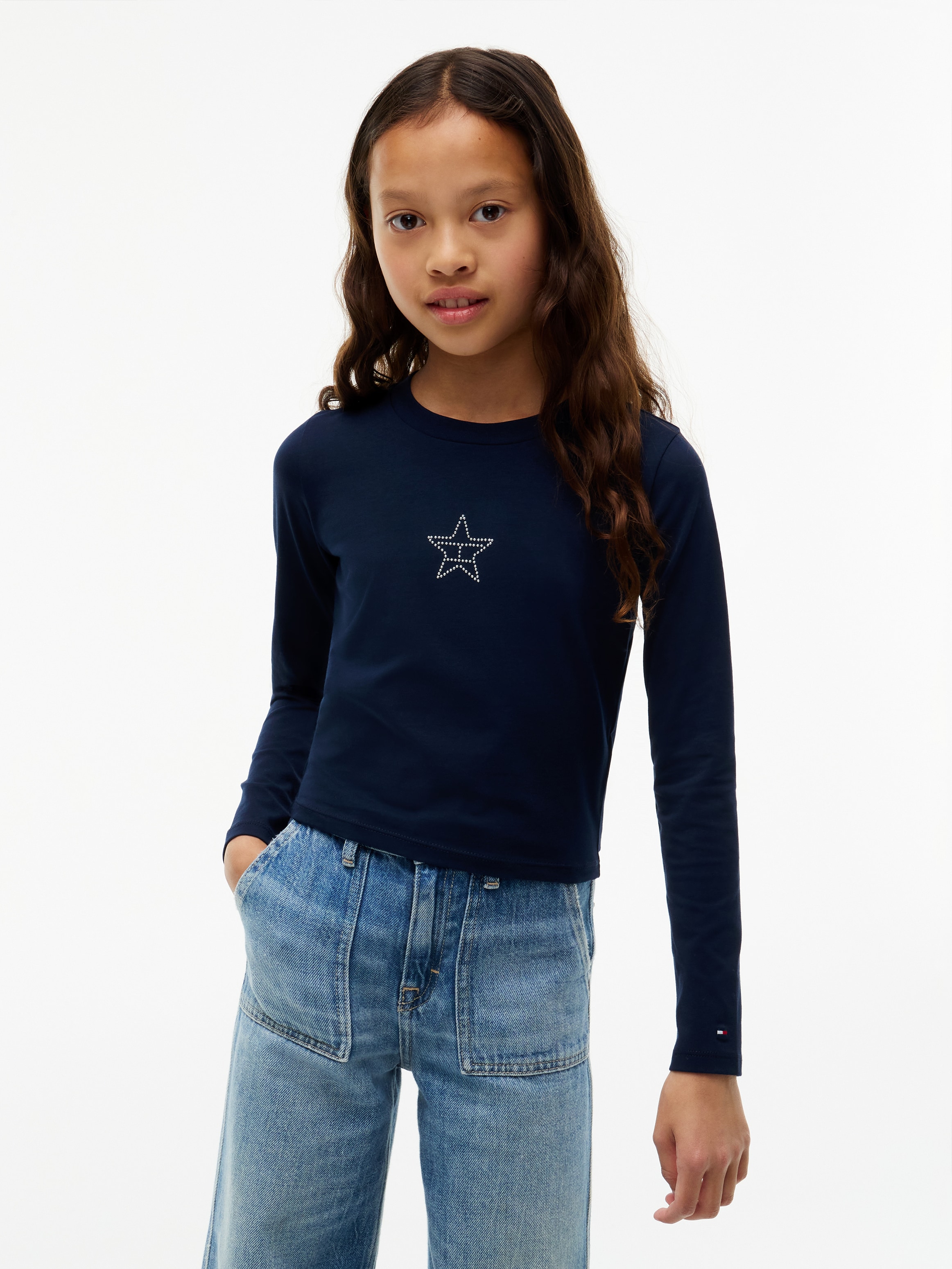 Tommy Hilfiger Langarmshirt »STUD STAR FITTED TEE LS« Glitzer-Druck, Baumwoll-Mix, Kinder bis 16 Jahre