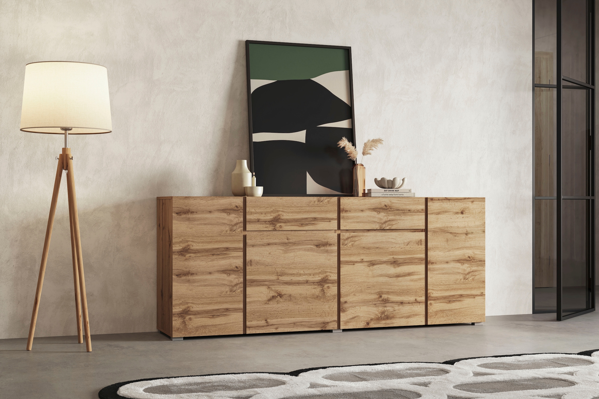 INOSIGN Kombikommode »Asymetric,Breite 195 cm, grifflose Kommode 4 Türen/2 Schubkästen«, Schubladenschrank mit viel Stauraum, Einlegeböden verstellbar