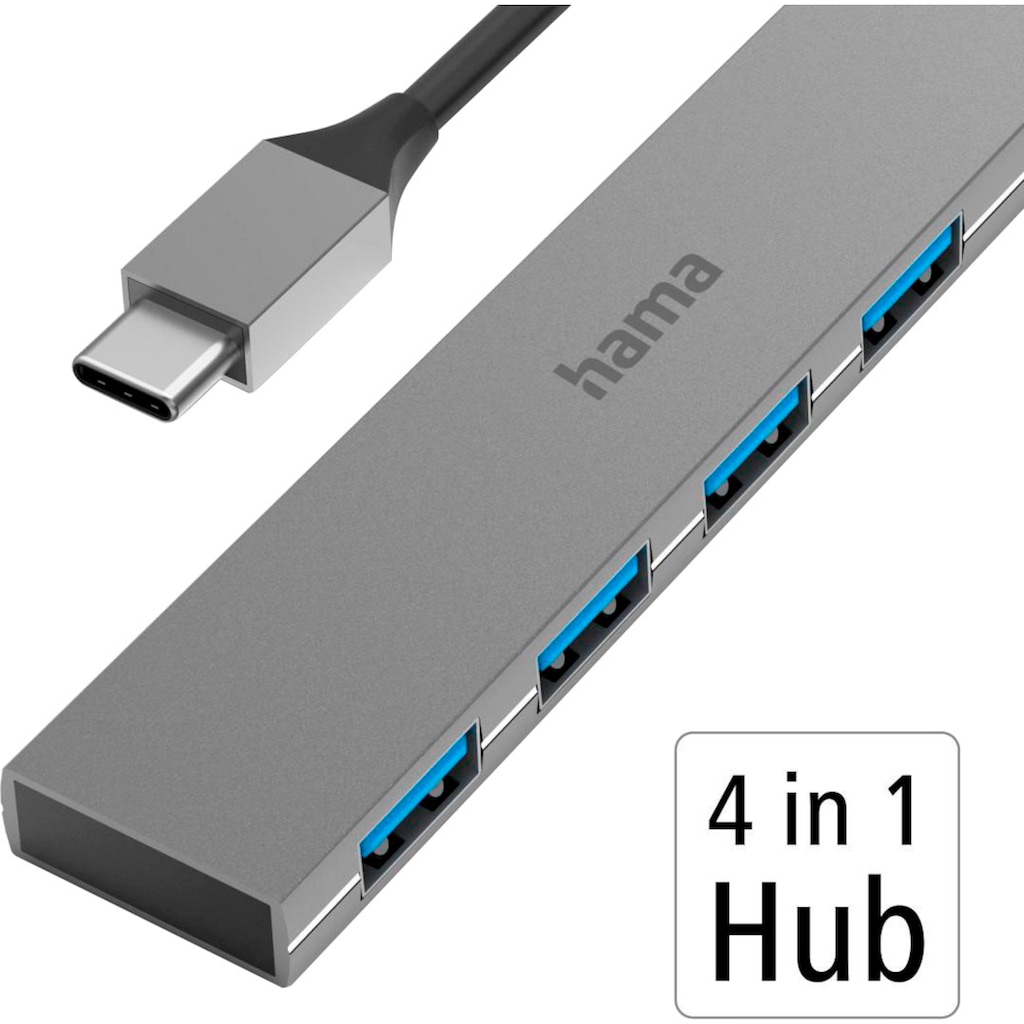 Hama USB-Adapter »USB-C-Hub, 4 Ports, USB 3.2 Gen1, 5 Gbit/s, Alu, Ultra Slim USB-Hub«, USB-C zu USB Typ A, 15 cm