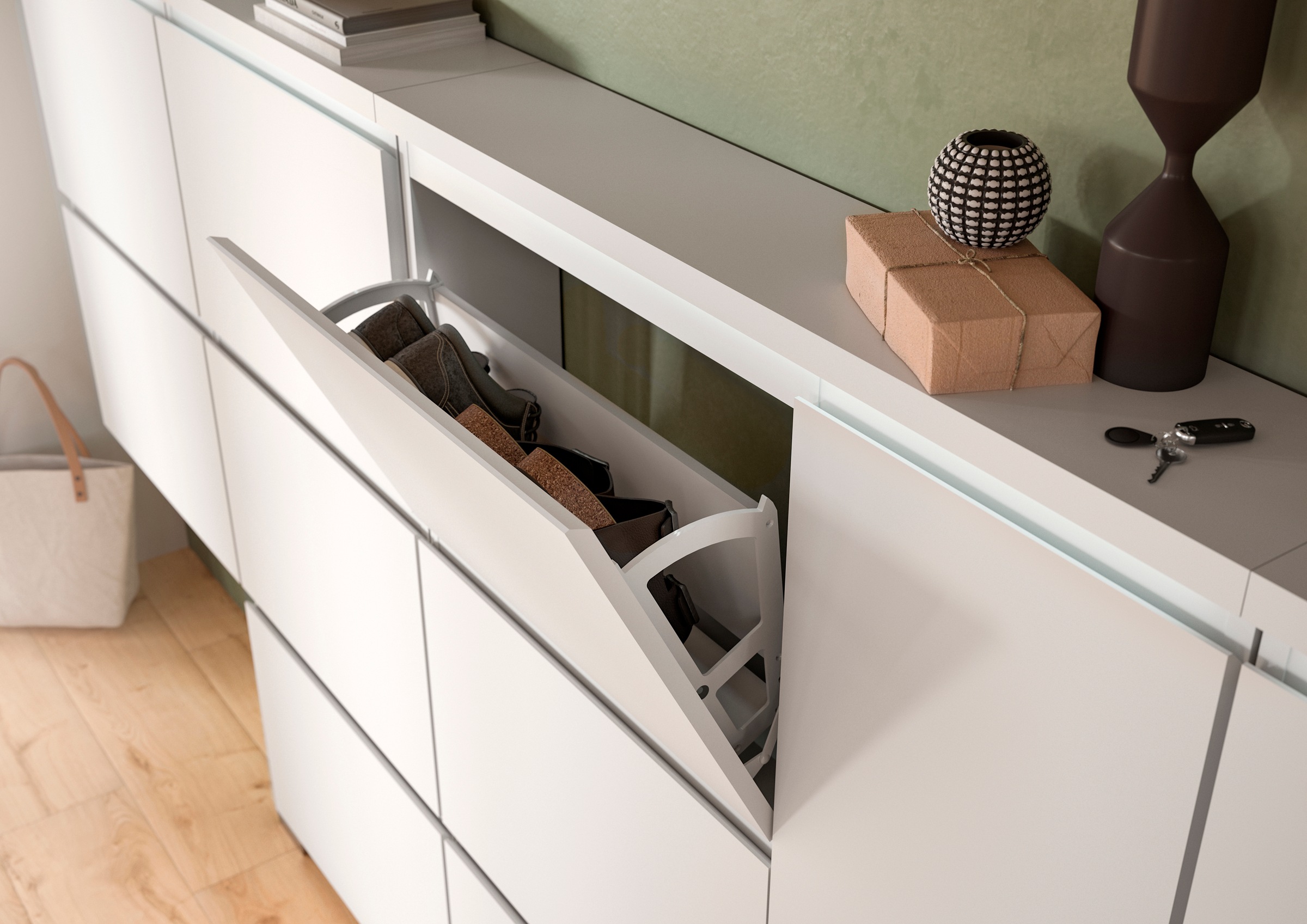 INOSIGN Schuhschrank »Skoskap, Tiefe 18cm, 2 Klappen mit Schuhwalze, Platz für 8 Schuhpaare«, hängend und stehend montierbar, Schuhkipper, Schuhkommode, Schuhregal