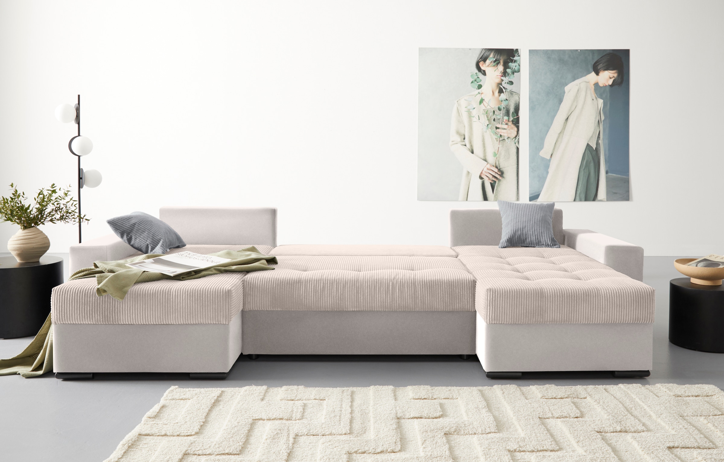 COLLECTION AB Wohnlandschaft »XL-Josy U-Form, Breite 313 cm, Cord-/Mix«, inkl. Bettfunktion, Bettkasten, mit 4 gleich großen Rückenkissen