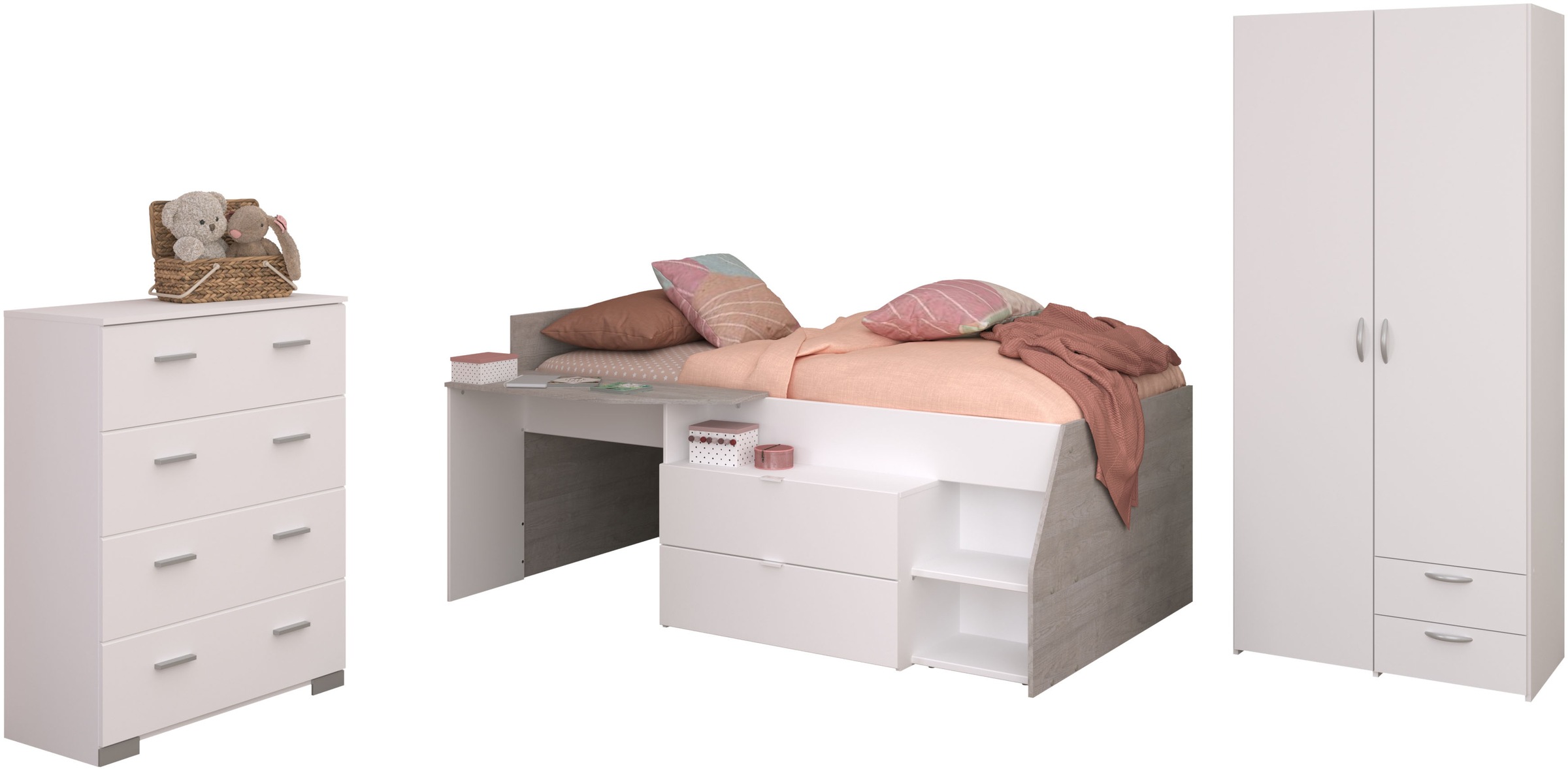Parisot Jugendzimmer-Set »Parisot, Milky 12«, (3 tlg.), tolles halbhohes Hochbett, Kleiderschrank mit Mittelwand und Stauraum