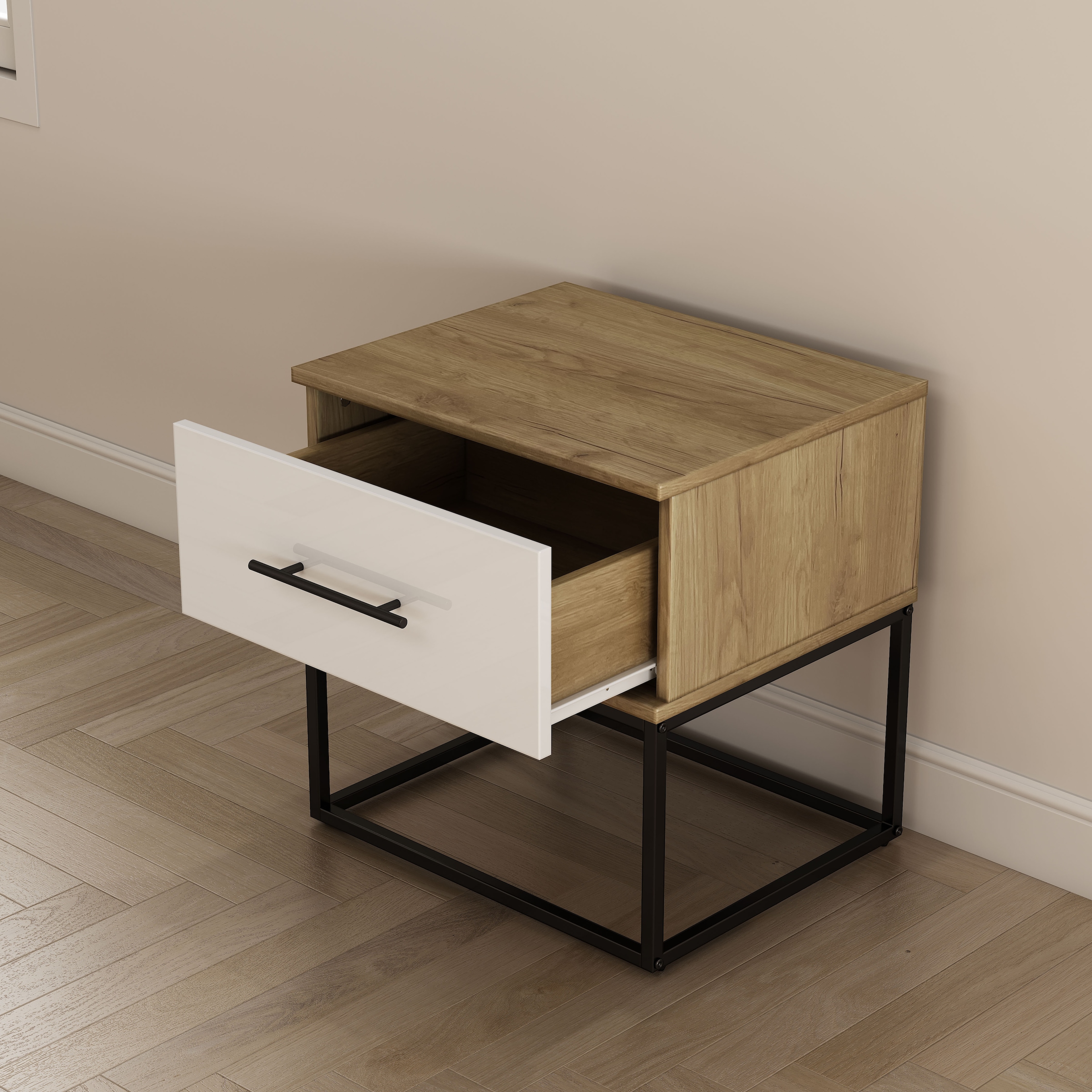 OTTO home Nachtkommode »Lucca Nachttisch Set mit Metallkufen und schwarzen Griffen« Set, 2 Schränke im Set , Hochglanz Fronten in weiß, 