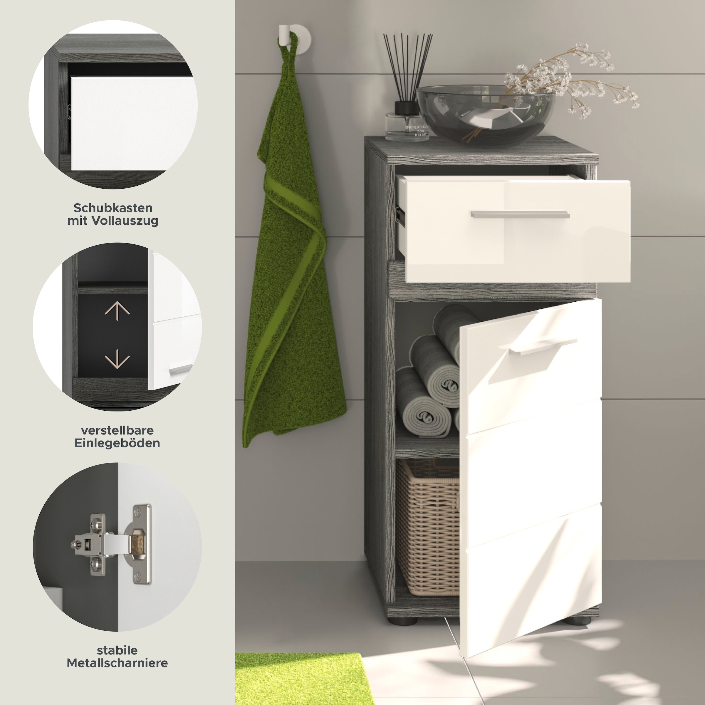 welltime Unterschrank »LUCCA, TOPSELLER!, Breite 35cm, 1 Tür (TA wechselbar), 1 Schubkasten« MDF Front, Badmöbel, Badschrank, Schrank, Bad, Badezimmer