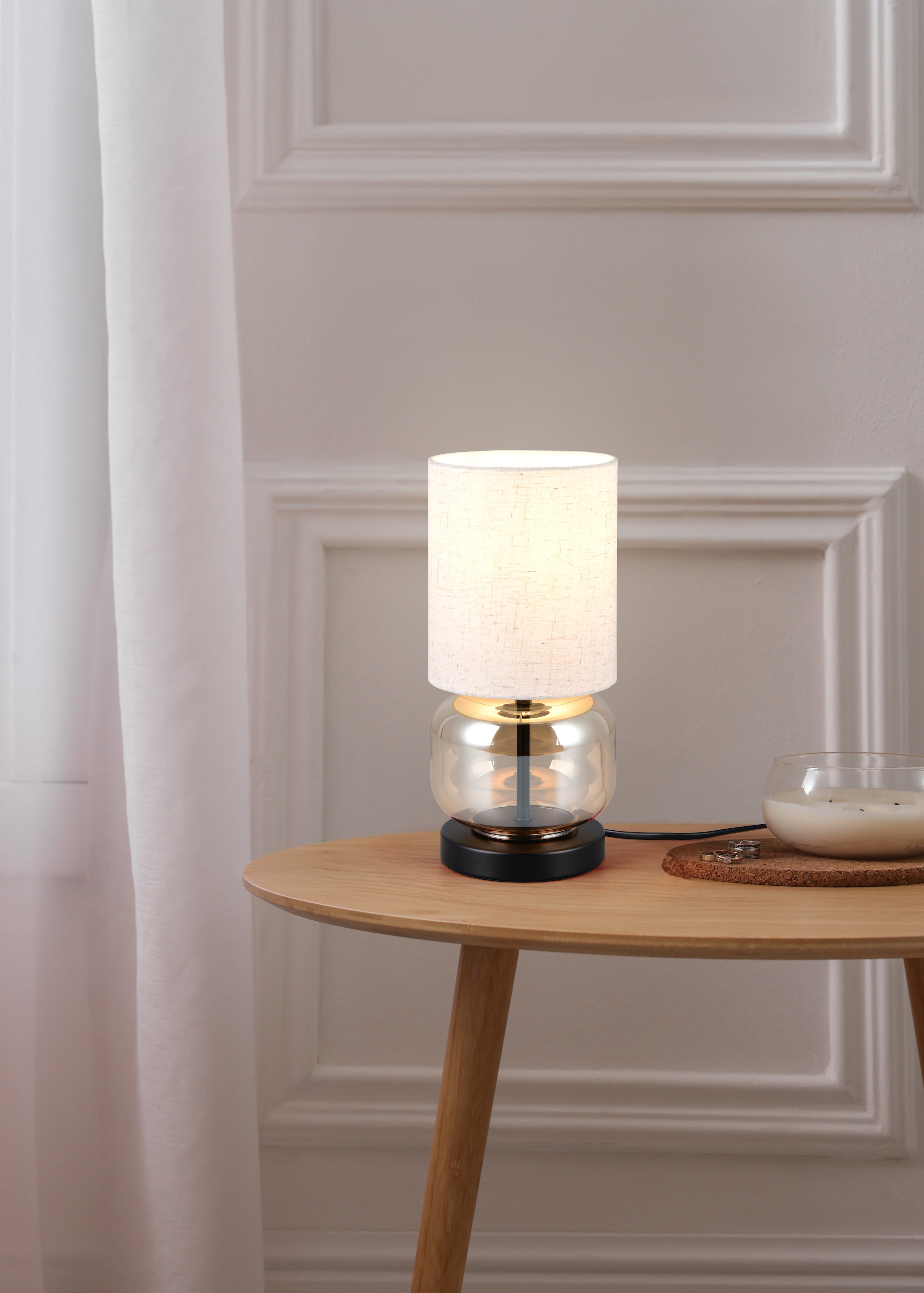 OTTO home Schreibtischlampe »Jorrin, Tischlampe mit Glas und Stoffschirm exkl 1x E27 max 40W« E27 1 Stk. warmweiß - kaltweiß Nachttischlampe Tischleuchte m. Schnurschalter Glas amber Schirm beige