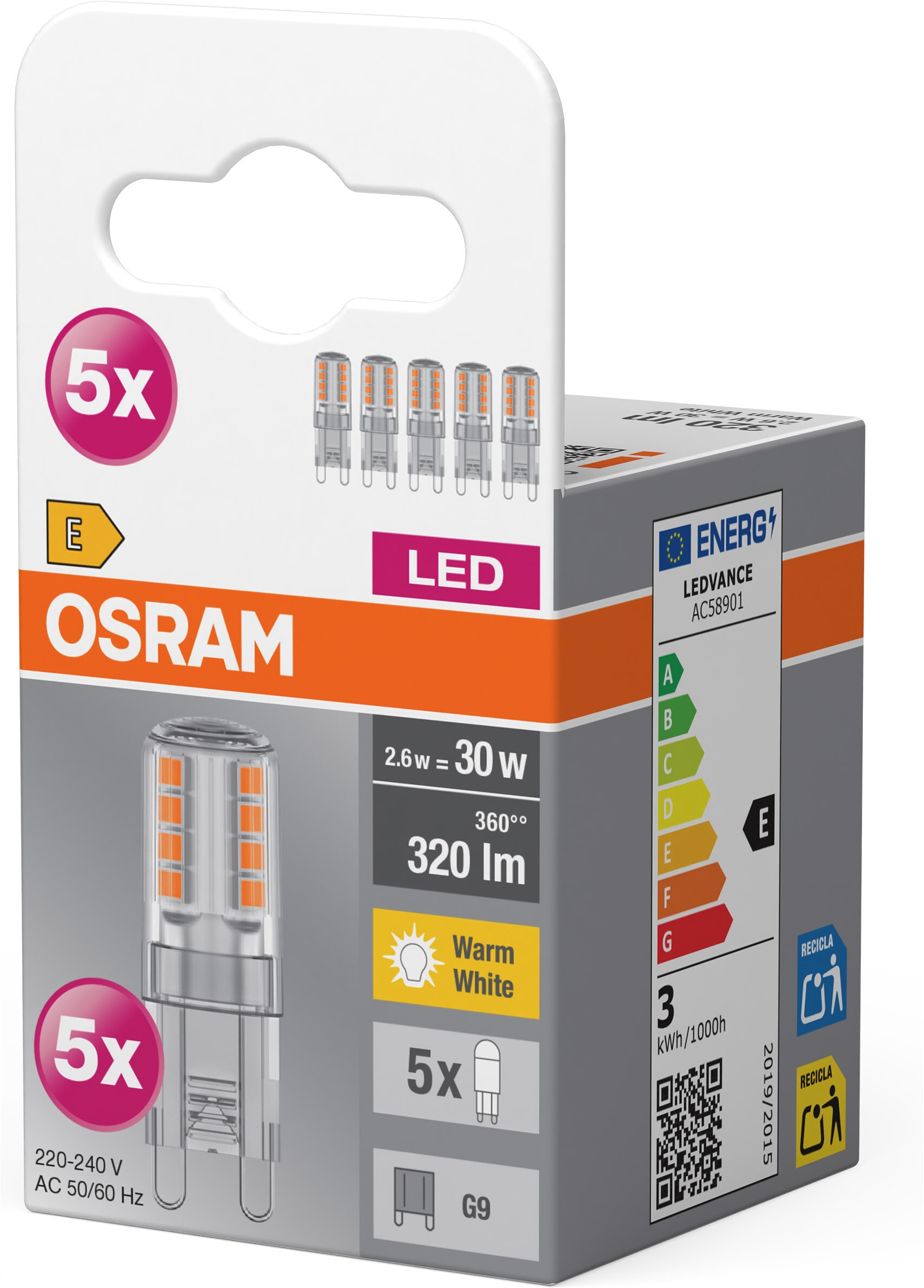 Osram LED-Leuchtmittel »Star PINLED-Lampe, Klar« G9 5 Stk. Warmweiß