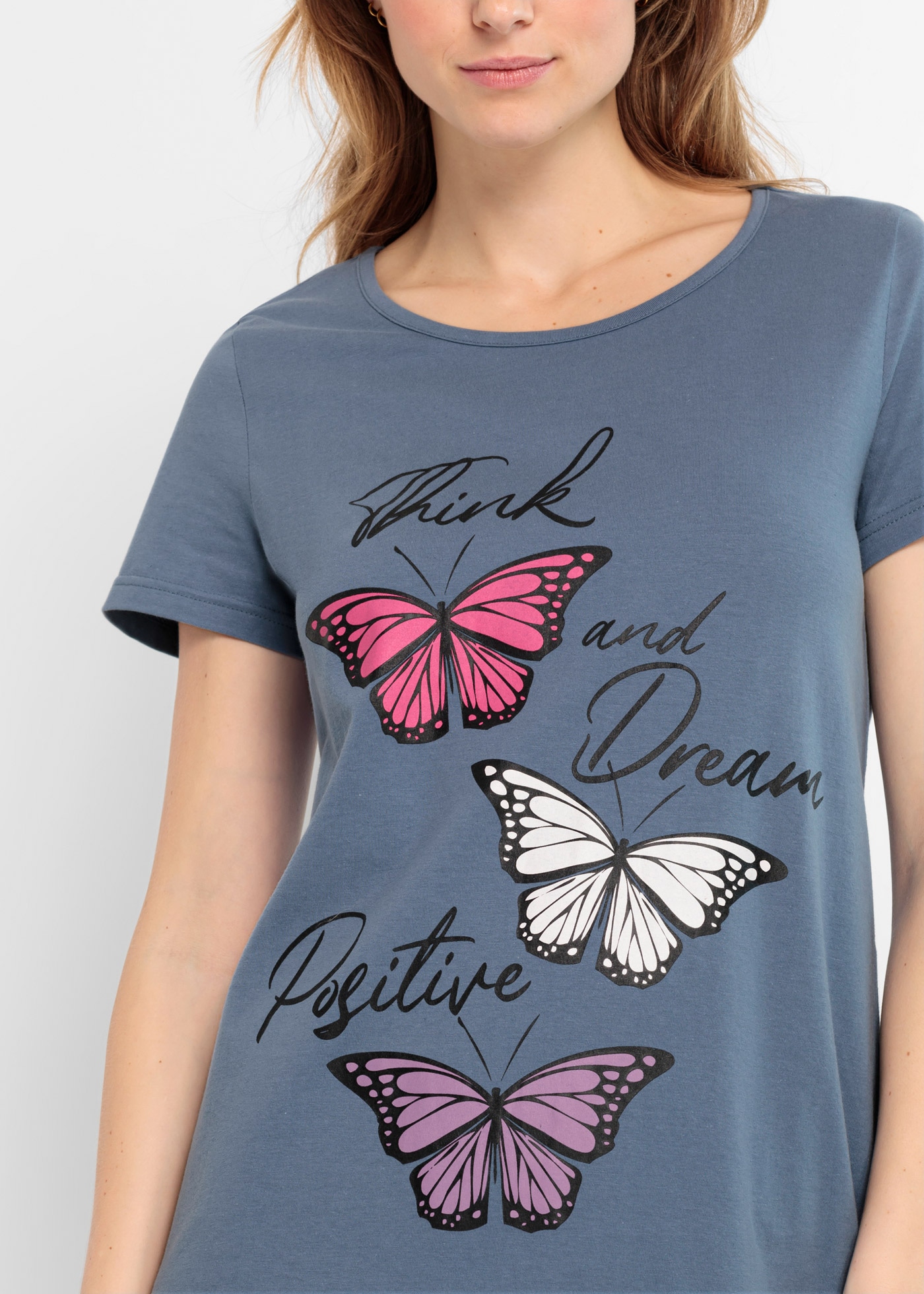 bonprix Nachthemd aus reiner Baumwolle, mit kurzem Arm, rauchblaues Design