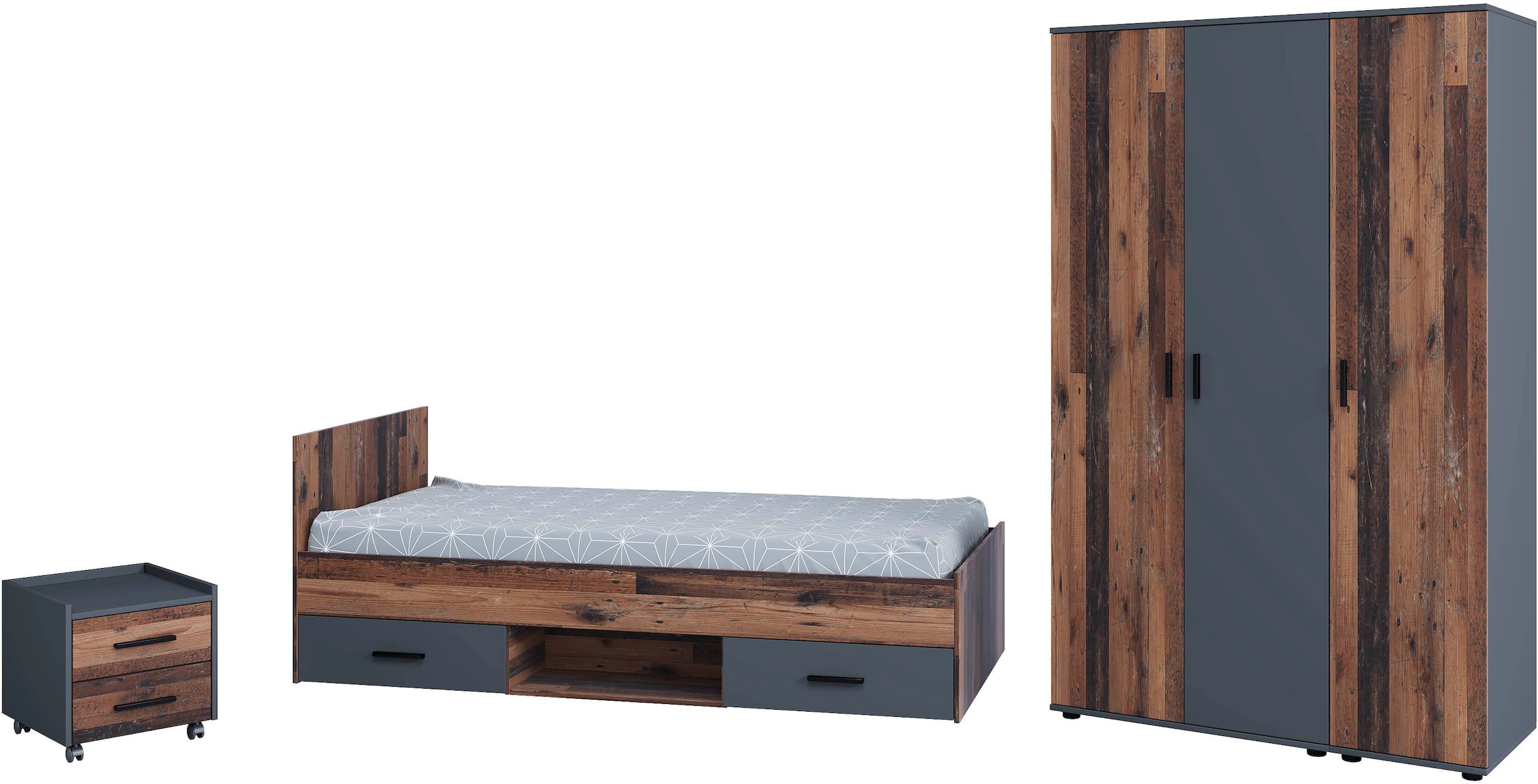 Nachttisch kaufen + 3er Industrial (3 Style, Home + »Nonjoo-Teen«, mit Raten Stauraum auf affaire St.), Kleiderschrank Jugendzimmer-Set Bett