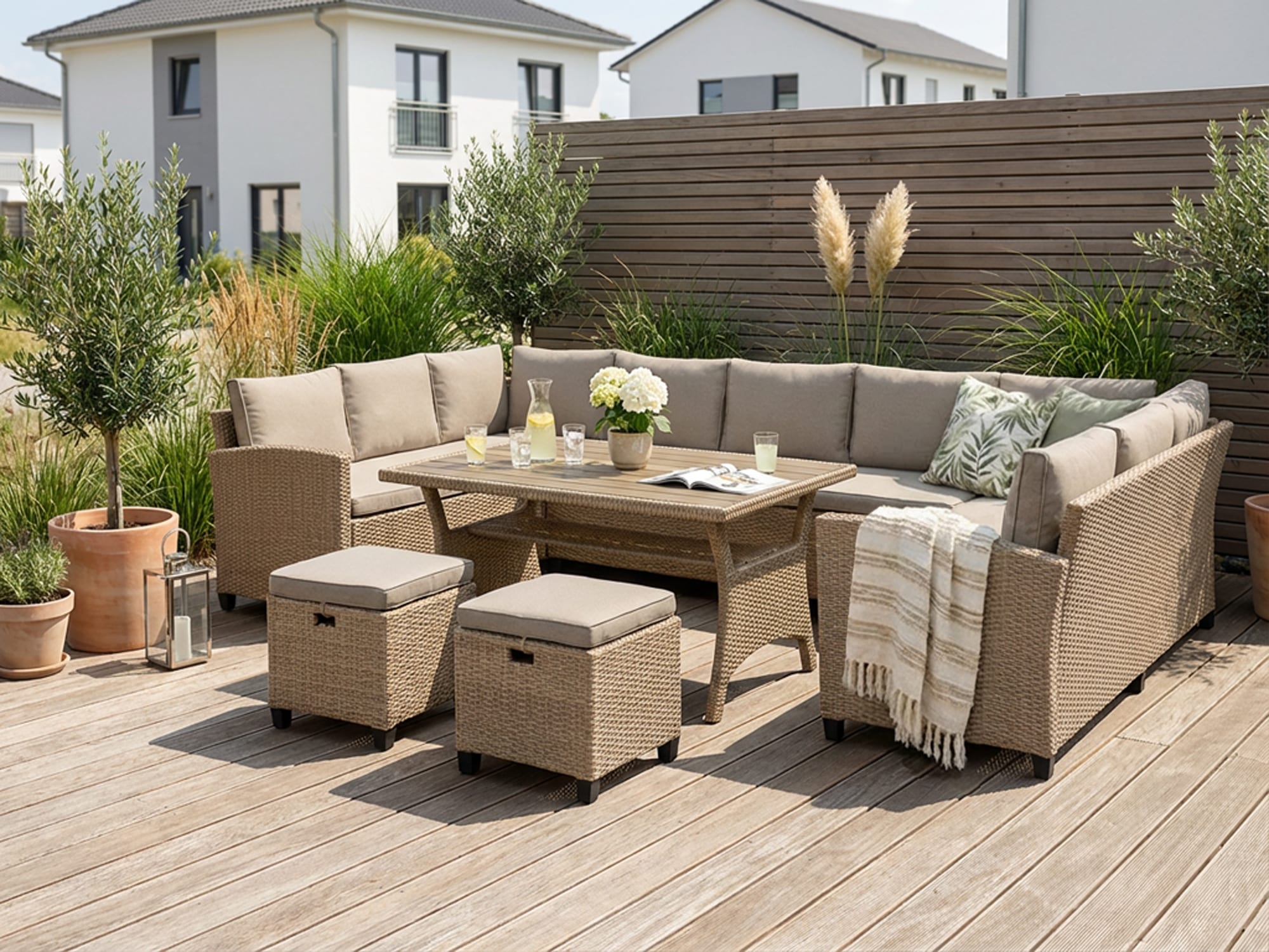 KONIFERA Gartenlounge-Set "Rotterdam" Set, 3x 3er Sofa, 2x Hocker, 1x Tisch 120x82x67cm, inkl. Auflagen, 20 Stk. tlg. Polyrattan, Stahl, Tischplatte aus Nonwood