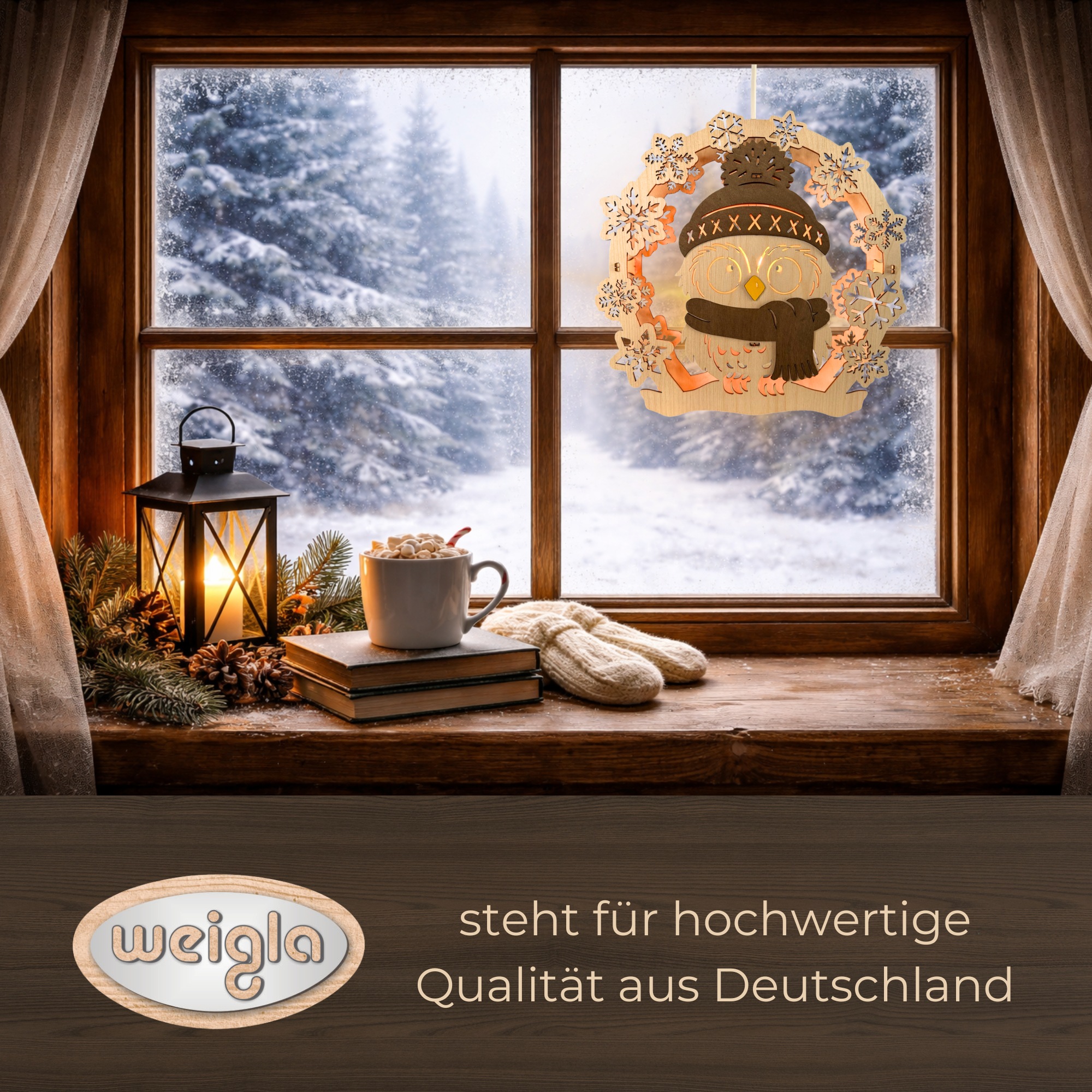 Weigla LED Dekolicht »Wintereule, beleuchtetes Fensterbild, NATUR-BRAUN« E14 Holzkunst aus dem Erzgebirge