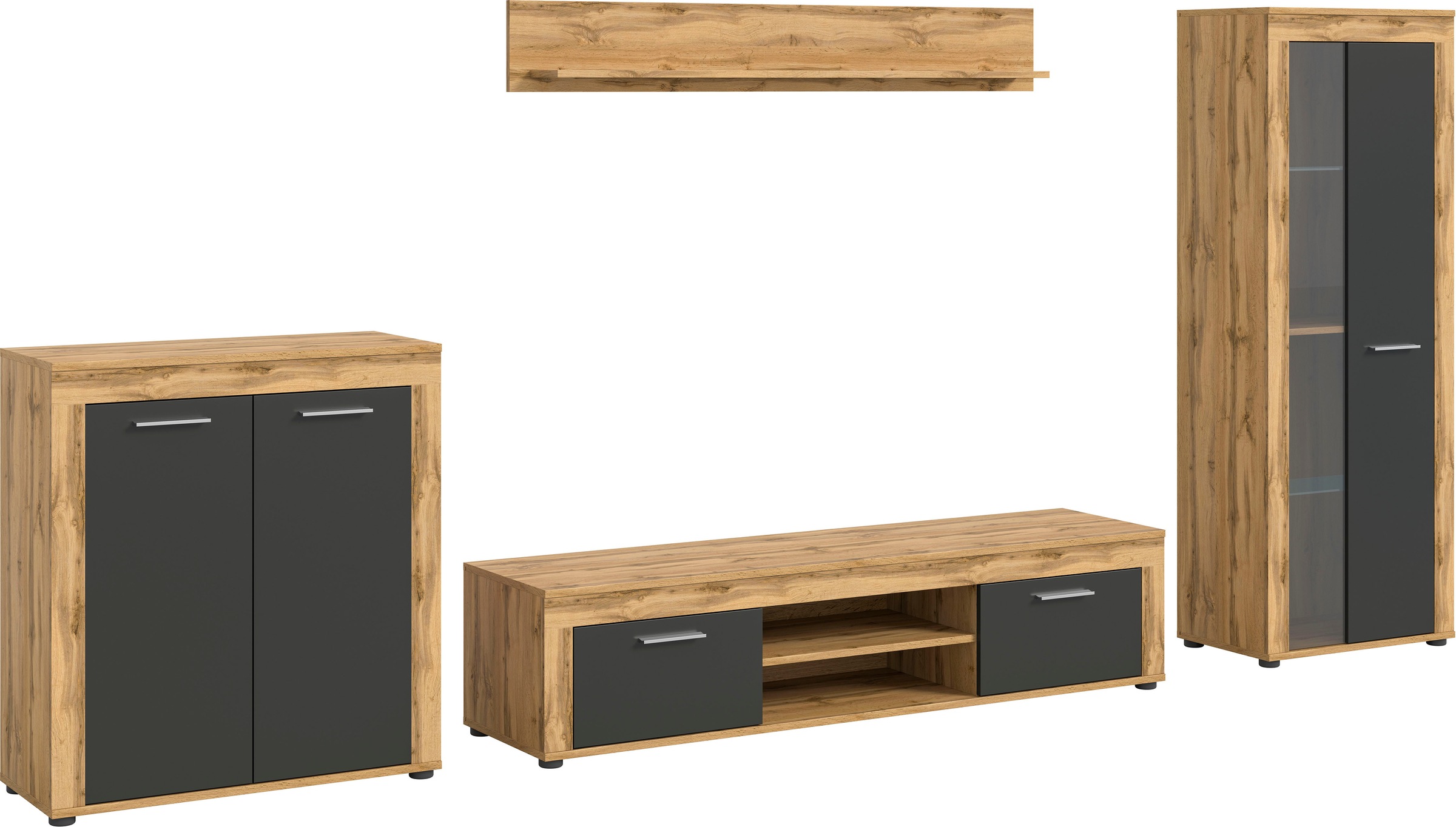 INOSIGN Wohnwand »Aosta, Breite 330cm, best. aus Highboard, Lowboard, Wandboard, Vitrine«, (4 St.), Wohnwand, Kombination, Anbauwand, Möbel Set, Schrankwand, Möbel Kombi