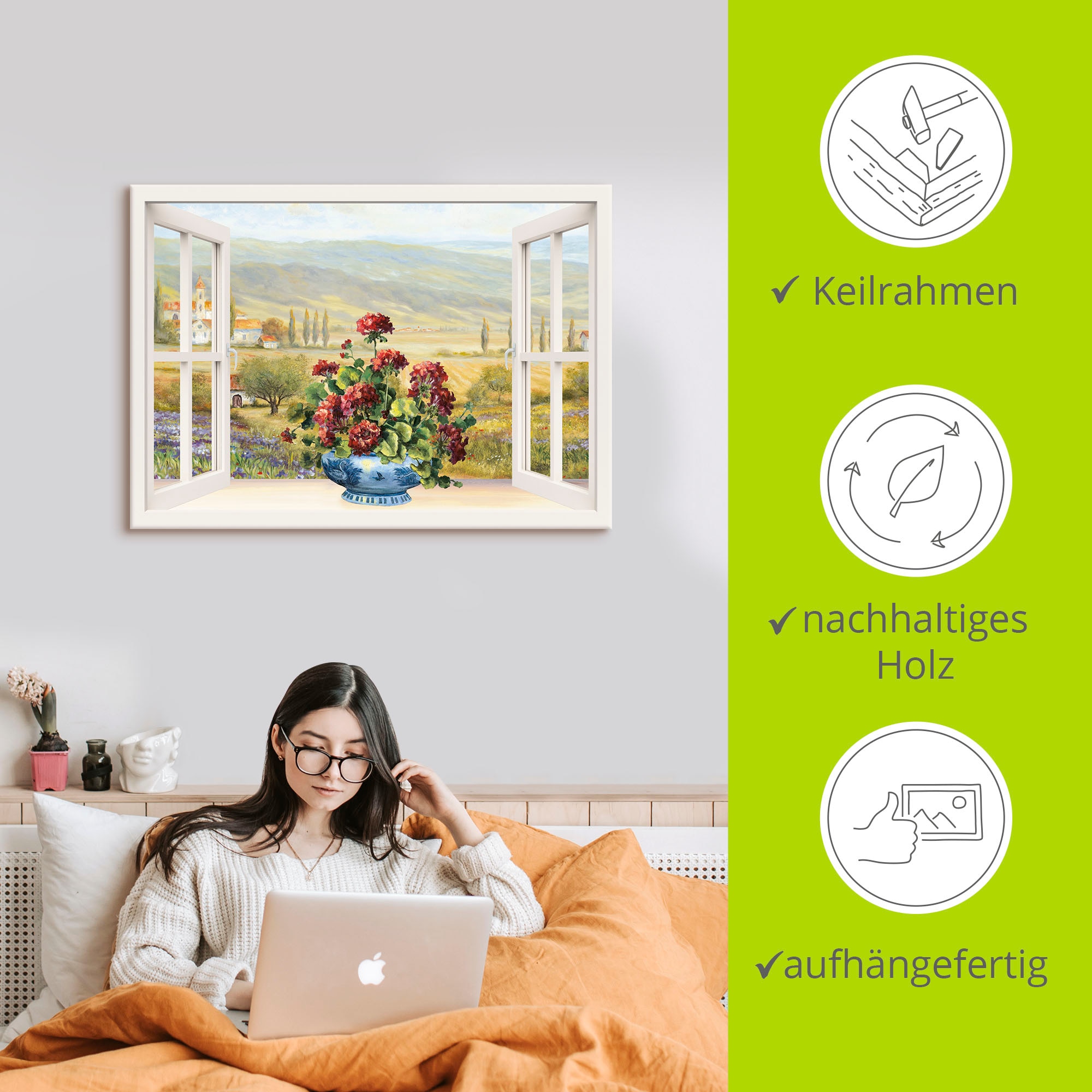 Artland Leinwandbild »Blumenbouquet am weißen Fenster« Fensterblick 1 Stk. tlg. auf Holzrahmen gespannt