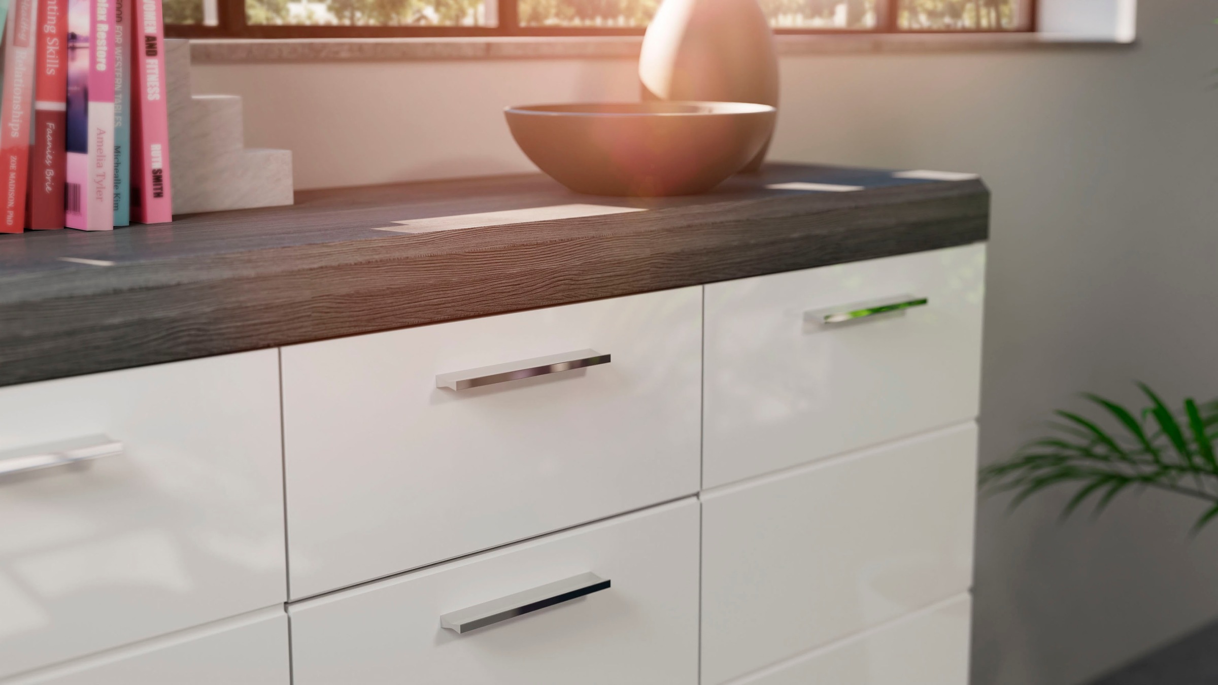 INOSIGN Kommode »Siena, Breite 165cm, 4 Türen, 4 Schubkästen, 8 Einlegeböden, 12 Fächer«, Front-Rillenfräsung, Schuhkommode, Schuhschrank, Anrichte, Sideboard