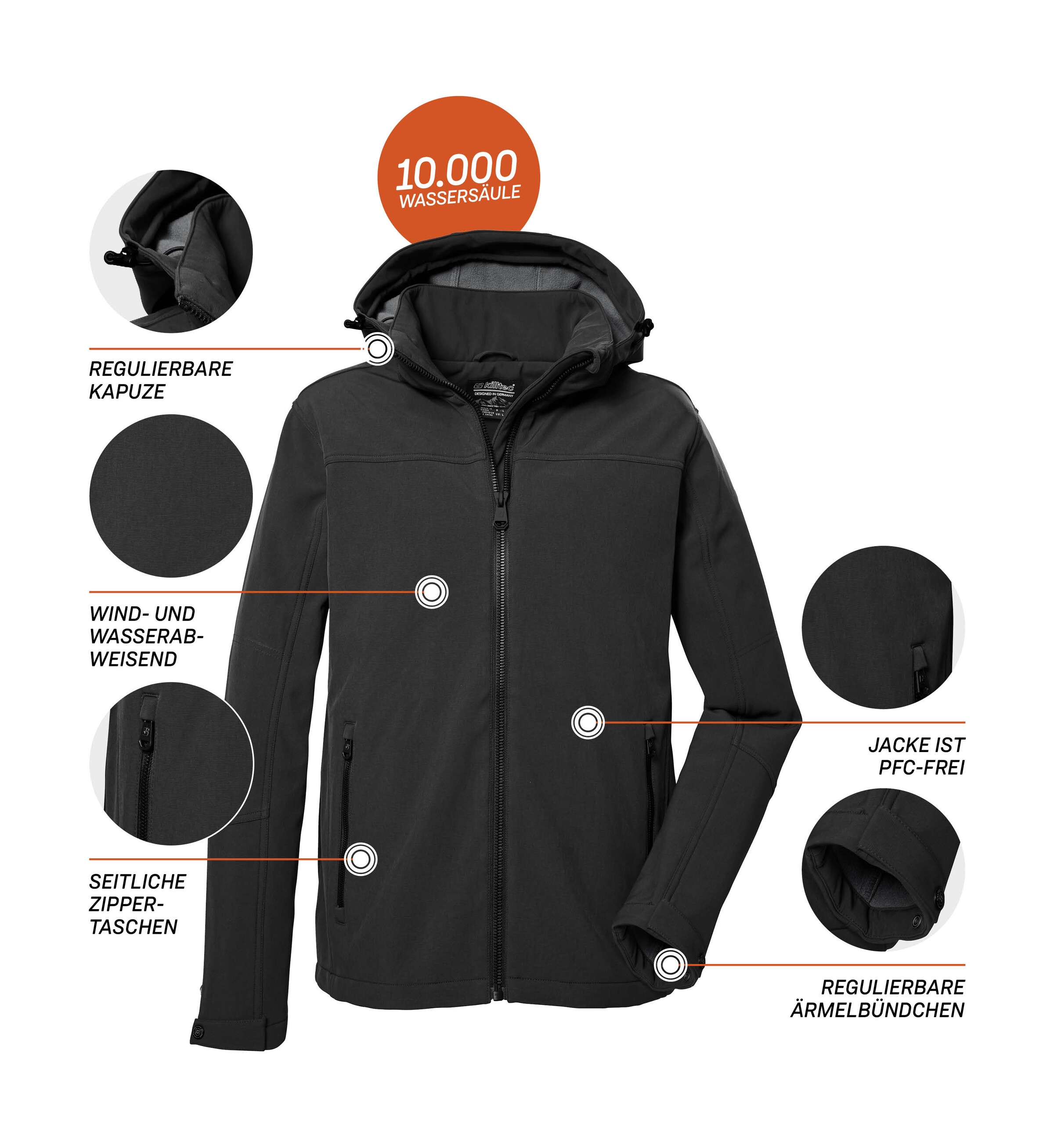 Killtec Softshelljacke »Herren Softshelljacke«, Wasserabweisende Softshelljacke mit Fleece, abnehmbarer Kapuze