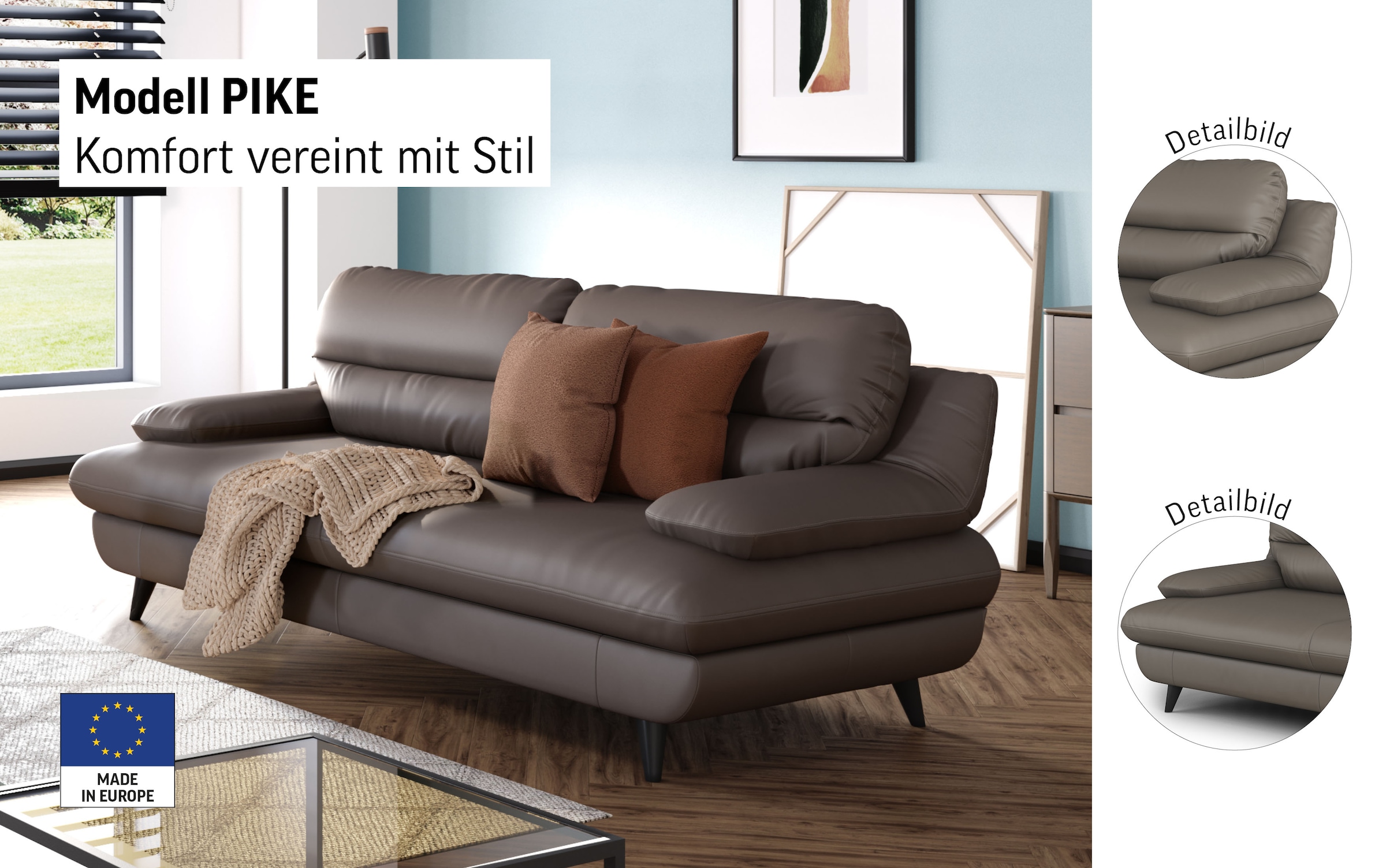 COTTA 3-Sitzer »Pike, B: 218 cm« mit Metallfüße, wahlweise auch in Echtleder