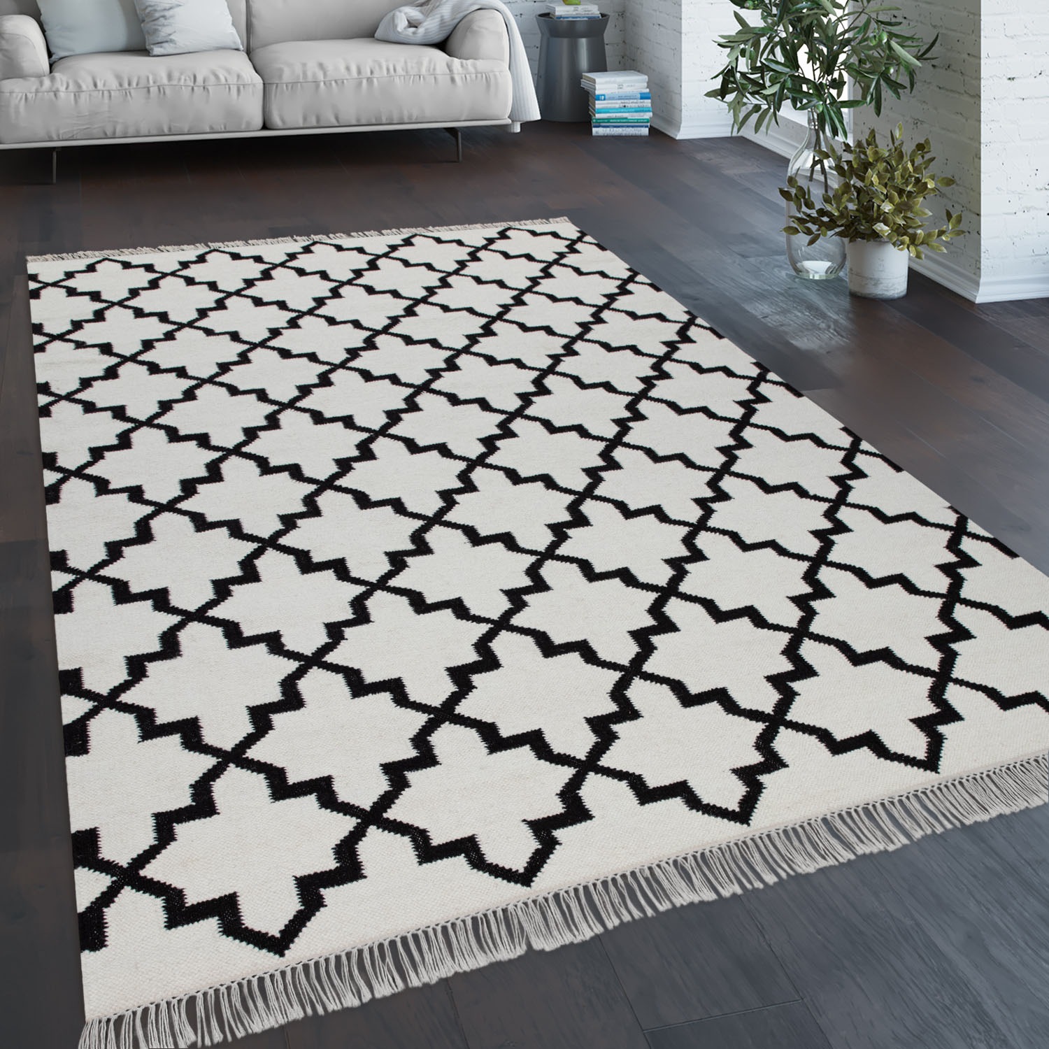 Paco Home Wollteppich »Kenitra 504«, rechteckig, 12 mm Höhe, Flachgewebe, reine Wolle, handgewebt, Scandi Design, mit Fransen