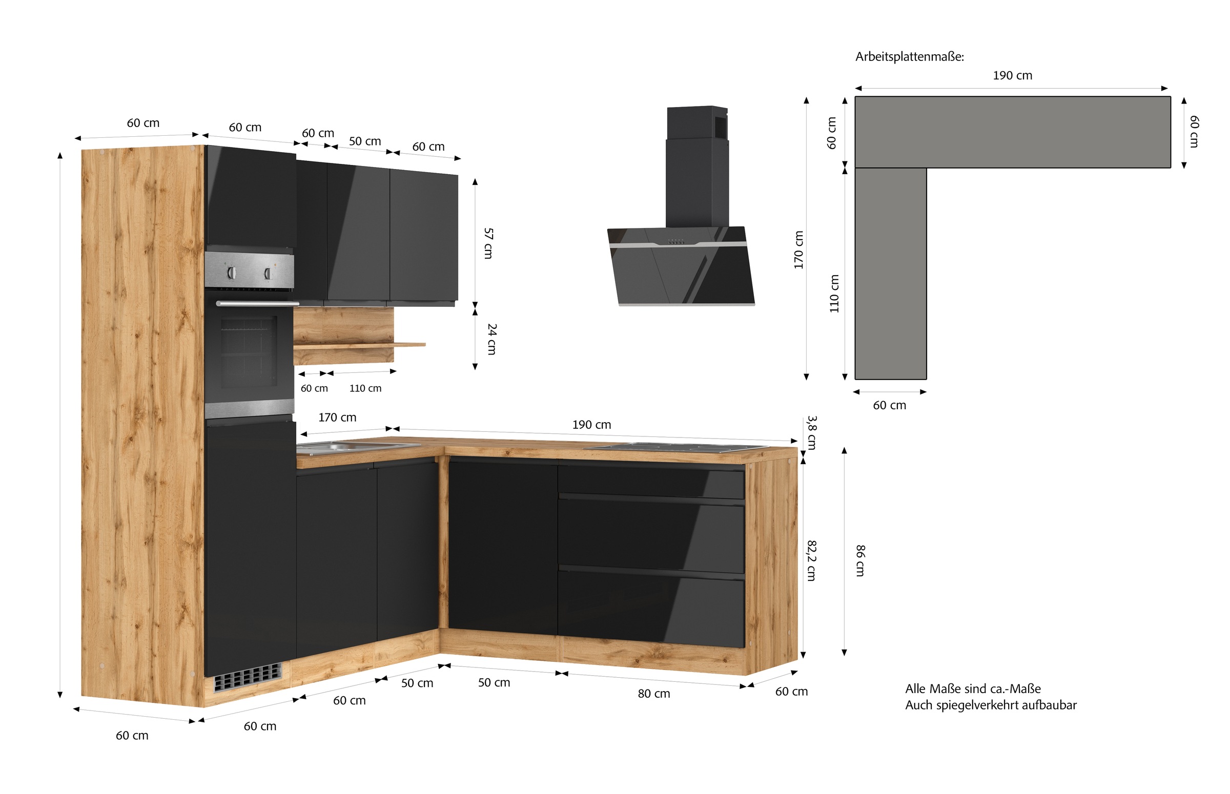 KOCHSTATION Winkelküche »KS-Virginia,neu in verbesserter Ausführung« Arbeitsplatte 38 mm stark, Stauraum, Softclose,  Stellbreite 230/190 cm, Soft-Close,wahlweise mit E-Geräten