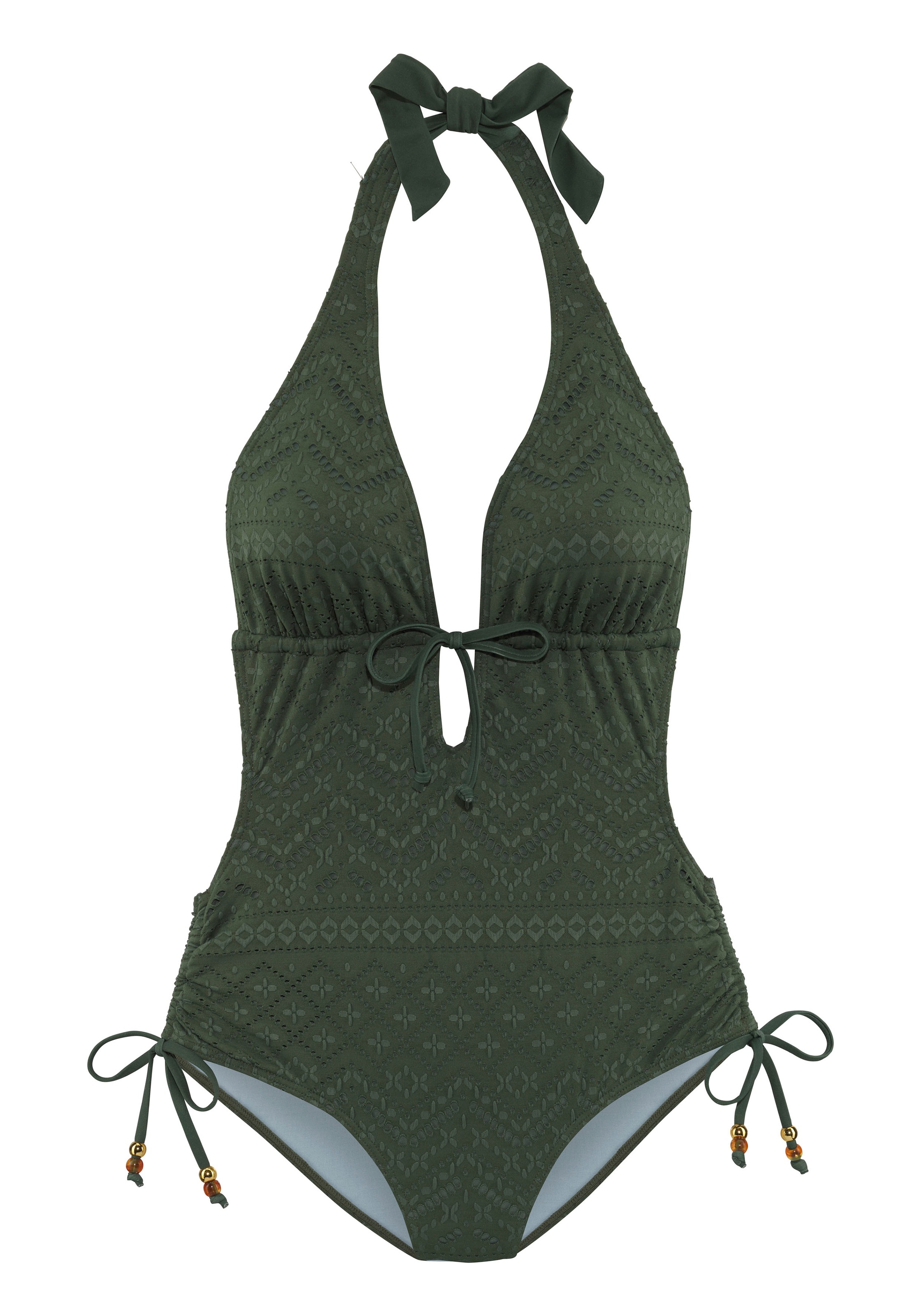 LASCANA, Damen, Badeanzug »Omara« mit Lochstickerei, oliv, Cup C/D, 42 - Cup C/D, oliv, Modische Strukturware