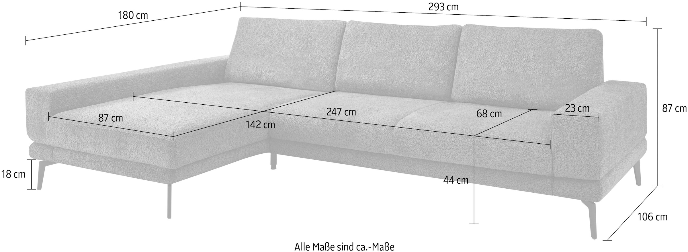 set one by Musterring Ecksofa »SO 3600 optimaler Sitzkomfort in Federkern o. Kaltschaum, 2 Sitzhöhen«, Sitzhöhe 44 cm, Federkern, B 293 x T 180 cm, Kama anthrazit