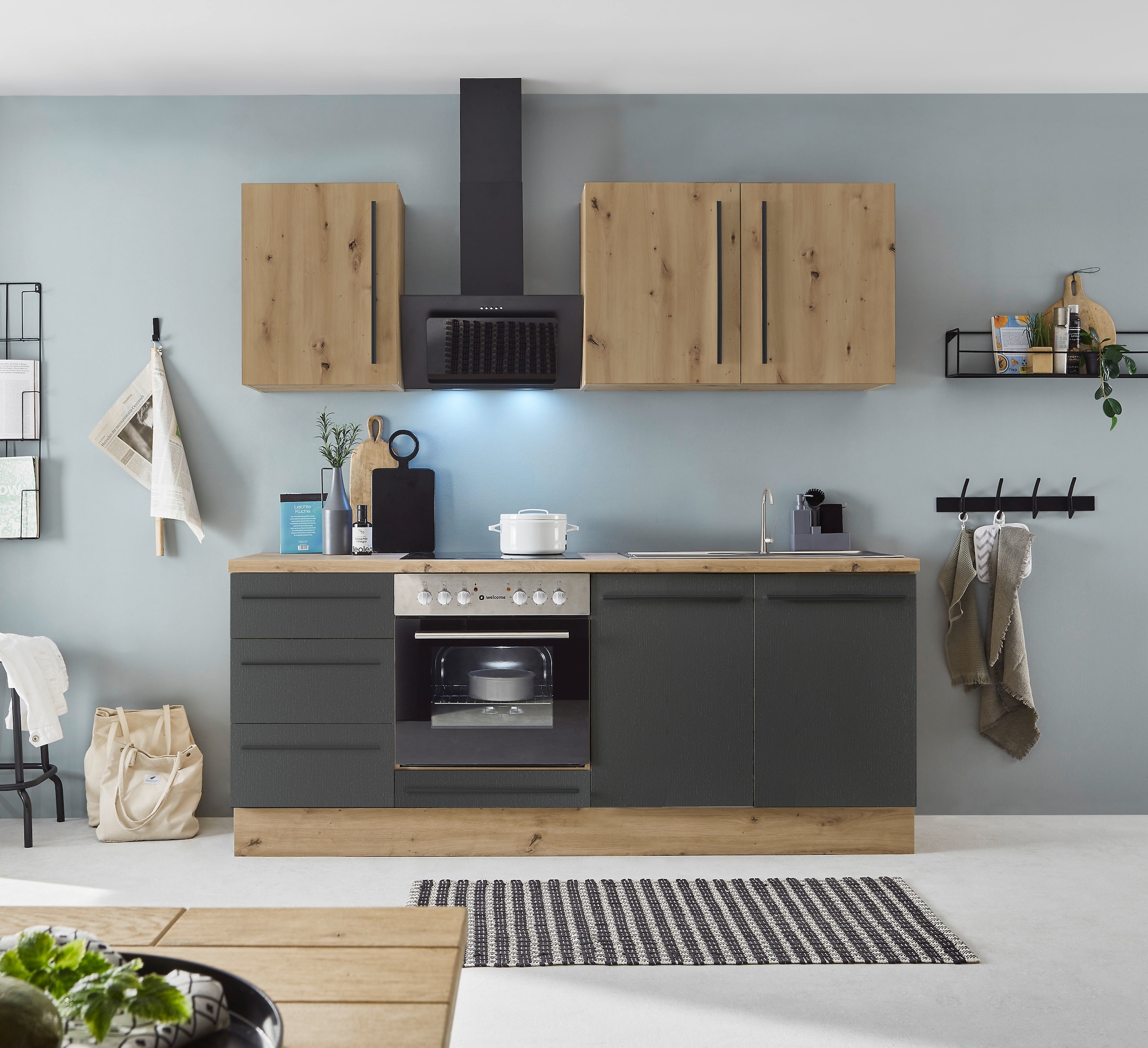 KOCHSTATION Küchenzeile »KS-Florida mit 38mm starker Arbeitsplatte«, Breite 210 cm, wahlweise mit E-Geräten, Soft-Close-Funktion