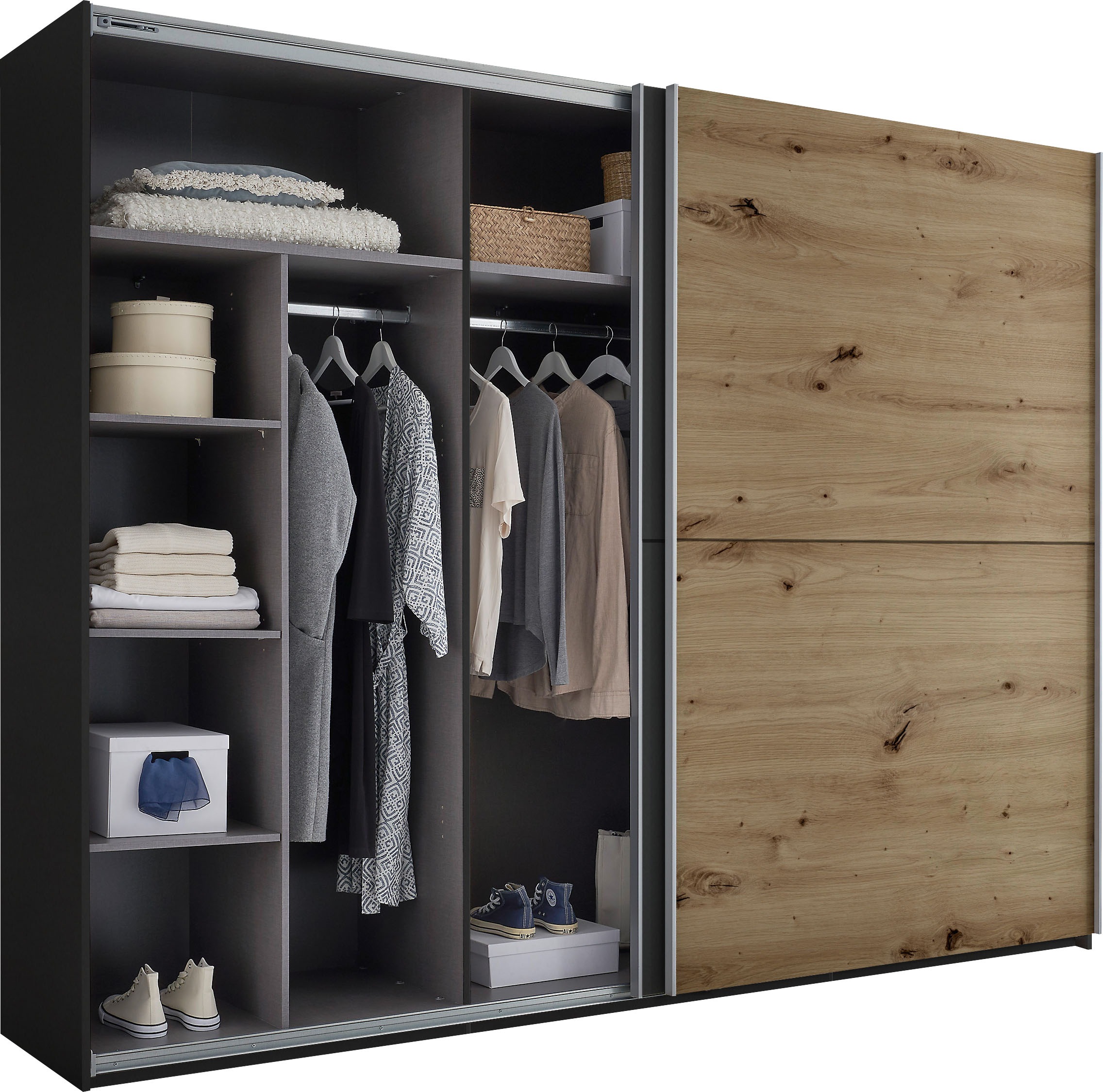 Schlafkontor Schwebetürenschrank »Mesio, 2-türiger Kleiderschrank, Schiebetürenschrank mit viel Stauraum«, inklusive Hoteleinteilungen außen und Einlegeböden oben