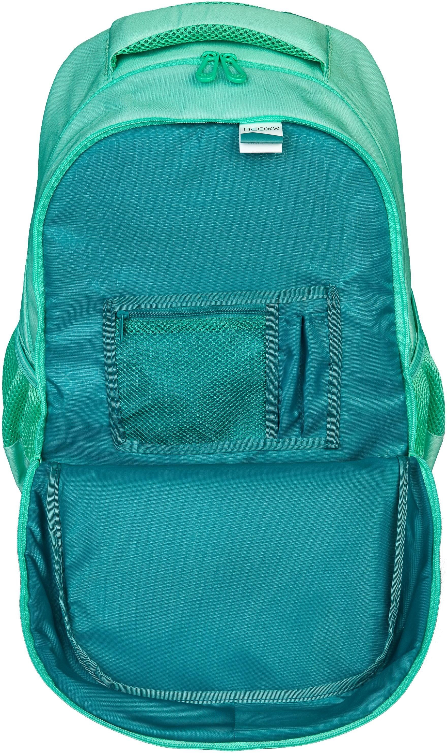 PET-Flaschen to aus be«, Schulrucksack neoxx recycelten ♕ »Fly, bei Mint Reflektionsnaht,