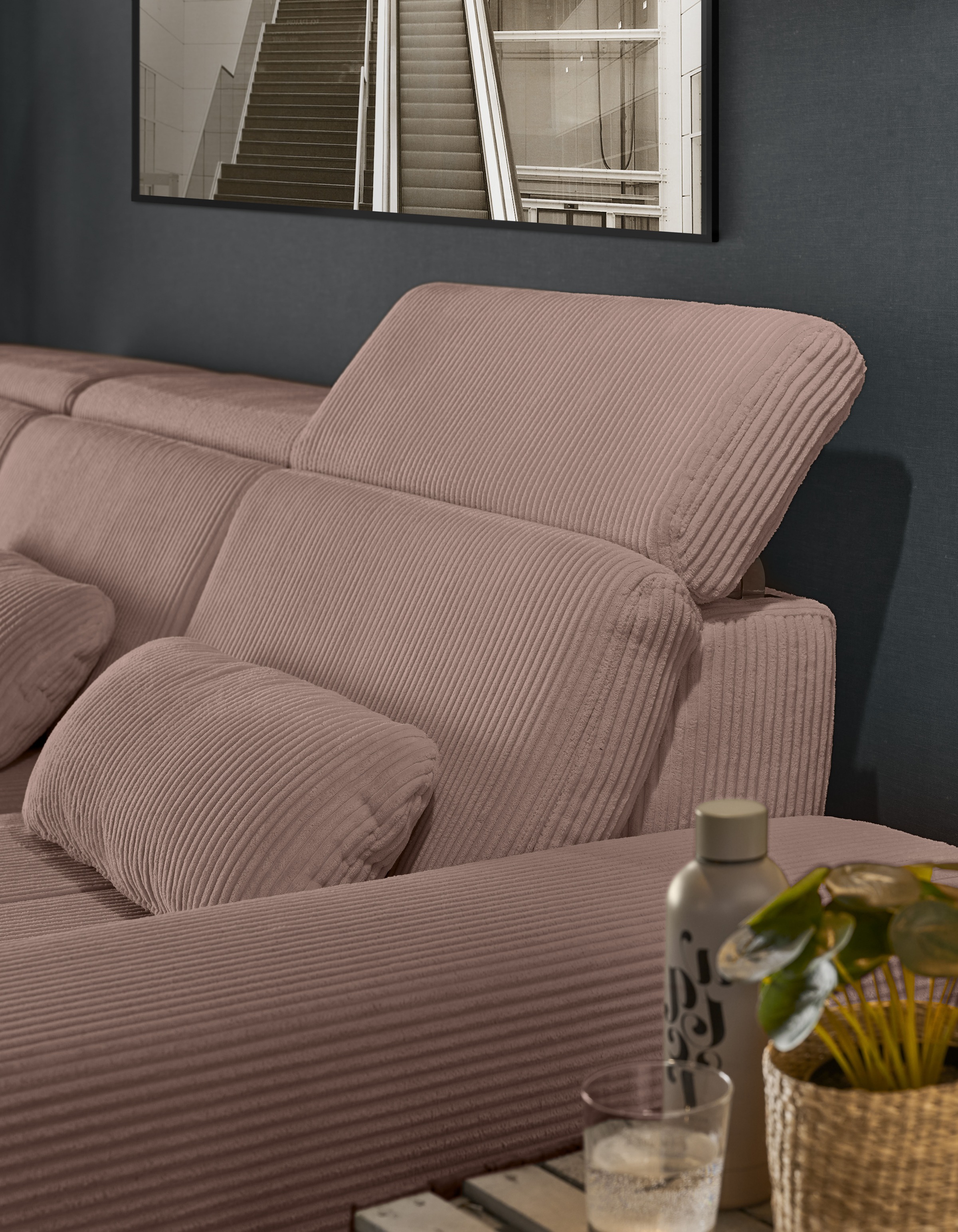 set one by Musterring Ecksofa »SO 3400 Sitzhöhe 47cm oder 49cm, Sitztiefe verstellbar, B/T: 307/195cm«, whlw. mit Funktion, Kaltschaum, in Cord, rose, Sitzhöhe 49