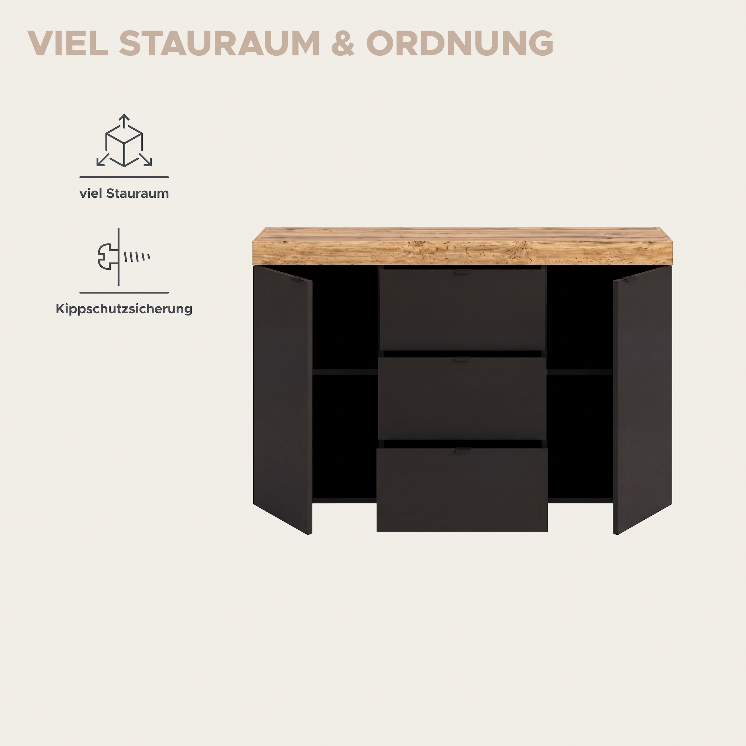 OTTO home Sideboard »MAMBO II, Breite 125 cm, 2 Türen, 3 Schubkästen« 1 Stk. tlg. Sideboard, Kommode, Wohnzimmer, Flur, Arbeitszimmer