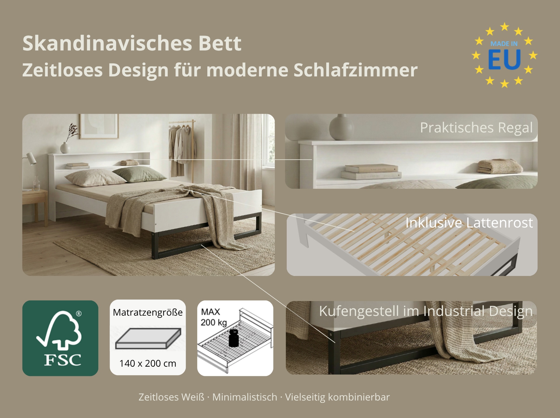 OTTO home Massivholzbett »Pannor, Industrial Design, mit Regal, Lattenrost inklusive« Liegefläche Breite 140 oder 180cm,  Kufengestell, bis 200 kg belastbar, FSC-zertifiziert, Made in EU