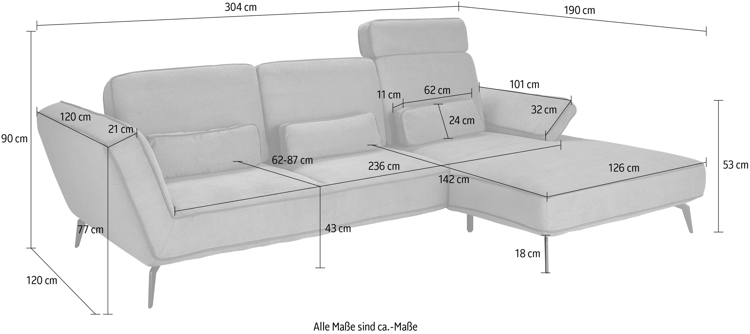 set one by Musterring Ecksofa »SO 4500, Füße schwarz matt, inkl Schwenkrückenfunktion, Cord, L-Form«, wahlweise mit Kopfstütze/Armteilverstellung/Rückenneigung