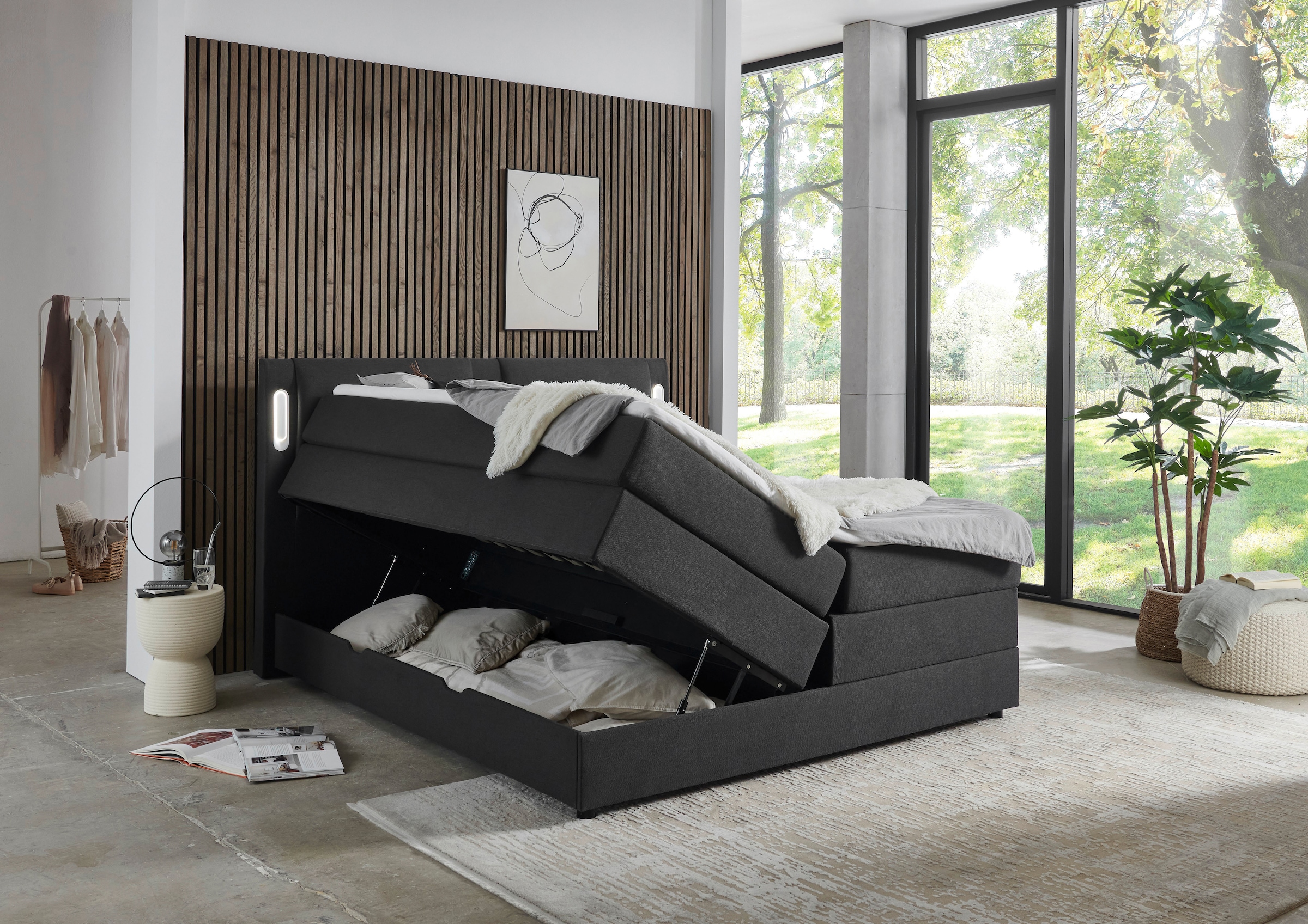 INOSIGN Boxbett »ELVERTA, Polsterbett mit Bettkasten, inkl. Taschenfederkernmatratze H3« mit Topper und LED-Beleuchtung, Strukturstoff-Bezug,  180x200 cm