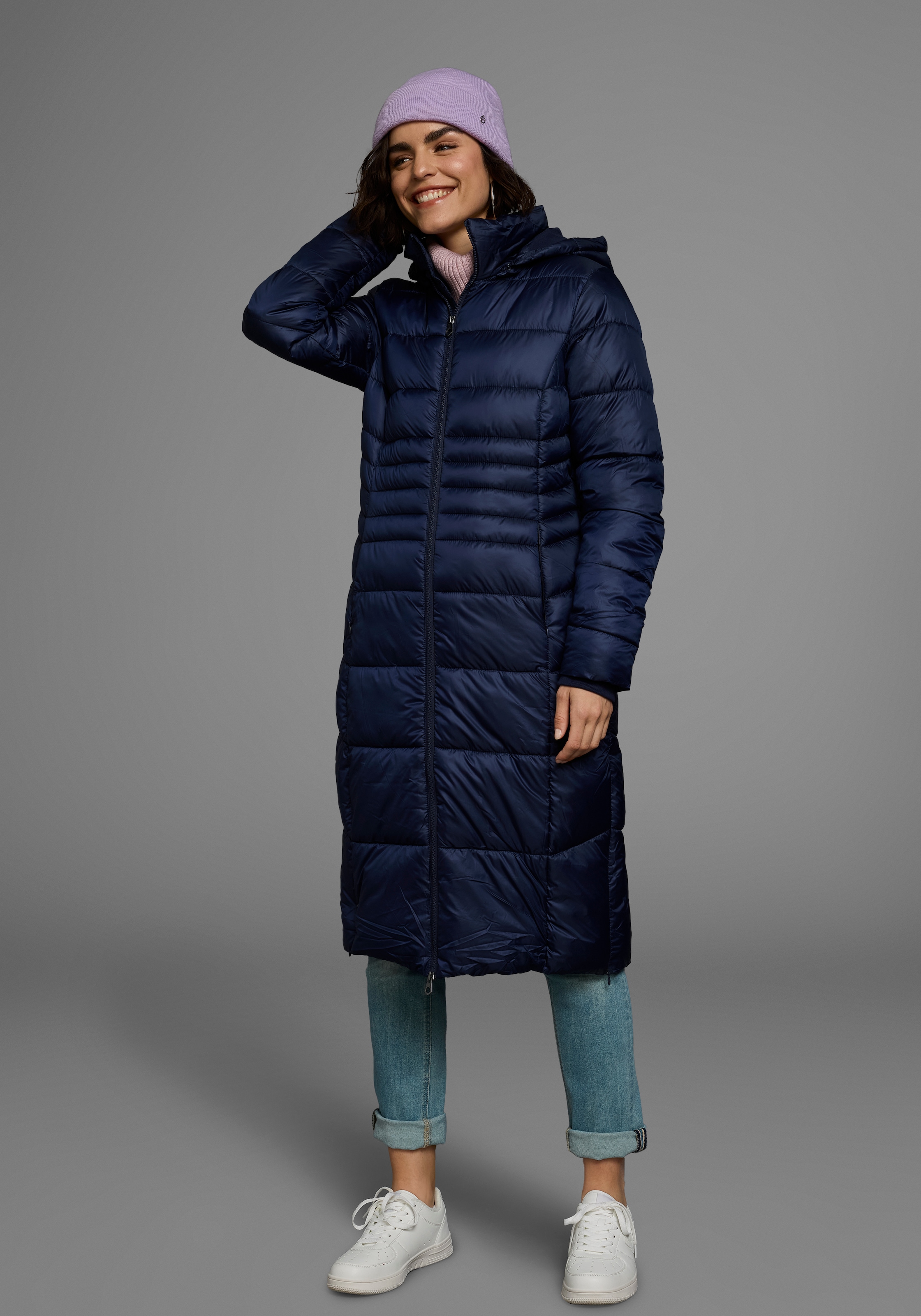 KangaROOS, Damen, Steppmantel mit abnehmbarer Kapuze, navy, 38, navy, Steppjacke mit reflektierendem Druck am Ärmel von KangaROOS