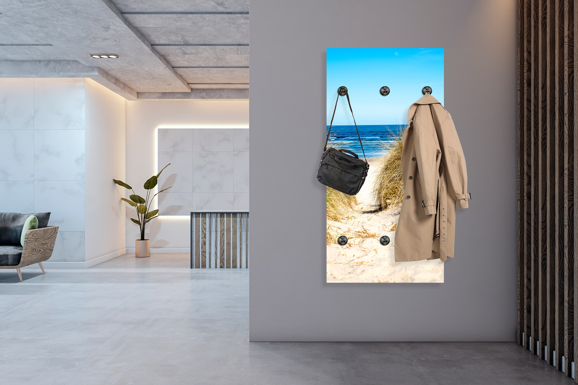 queence Wandgarderobe »Strand auf Rügen« 1 Stk. tlg. Wandpaneel aus Acrylglas inkl. 6 Edelstahlhaken in schwarz matt