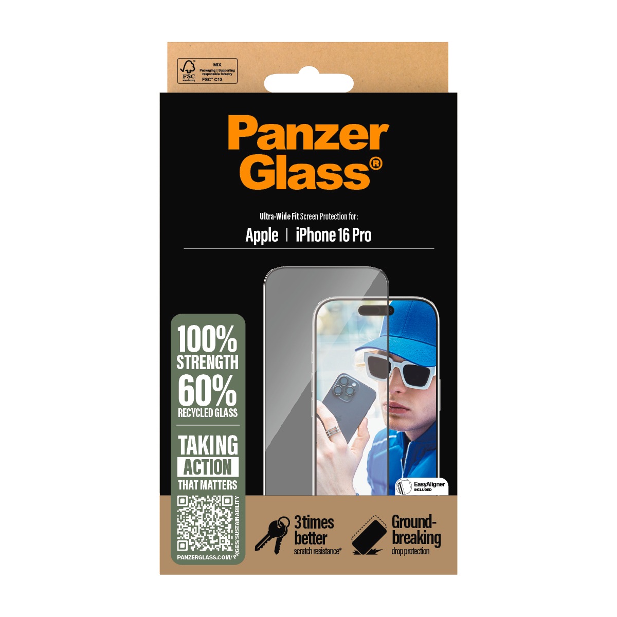 PanzerGlass Displayschutzglas »Ultra-Wide Fit Screen Protection«, für Apple iPhone 16 Pro, Displayschutzfolie, Schutzfolie, Bildschirmschutz, kratz- & stoßfest