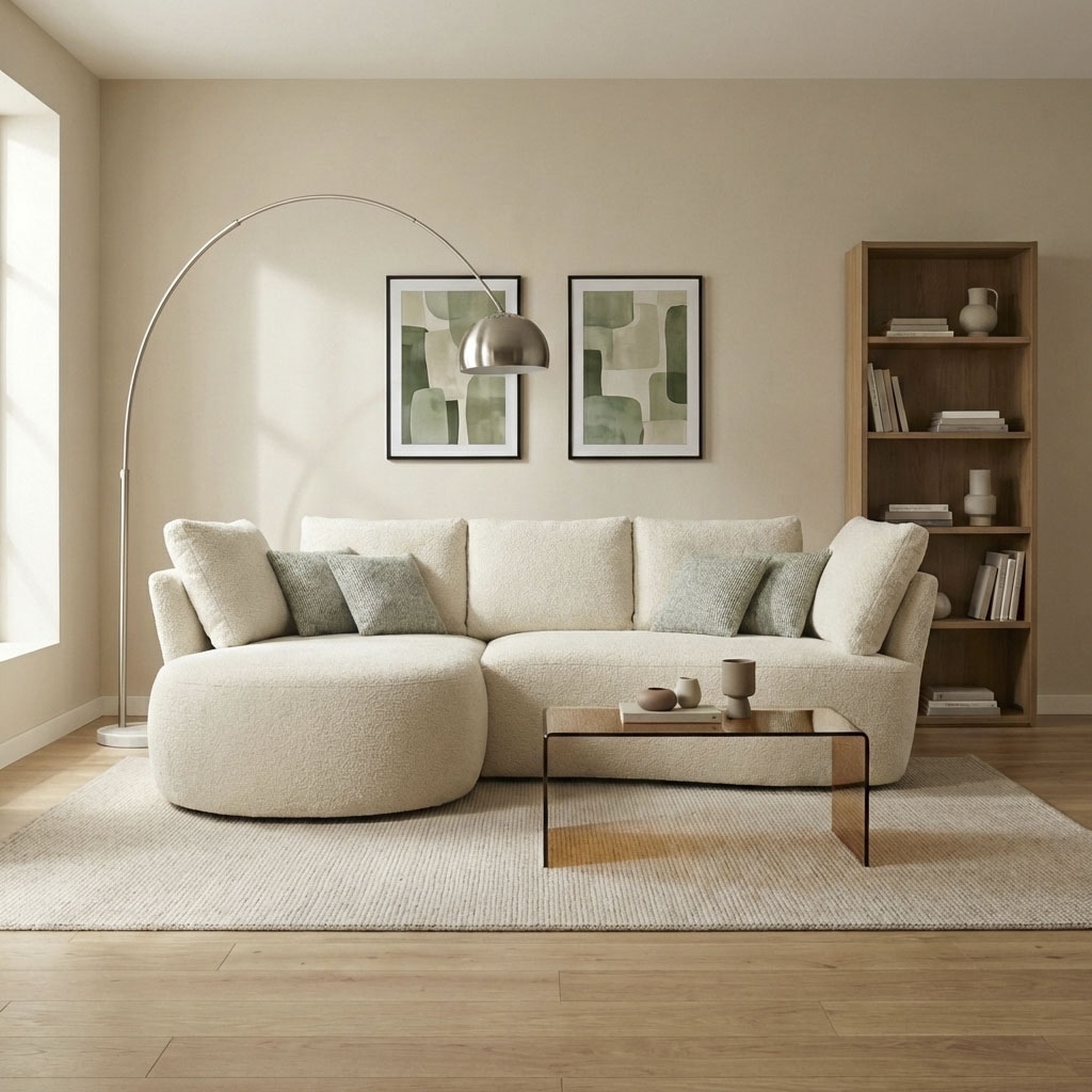 DOMO collection Ecksofa »Lumin, B/T: 267/170 cm, abgerunde Form, charmantes Design, cozy chic« Mit Federkern und 5 Rückenkissen ausgestattet