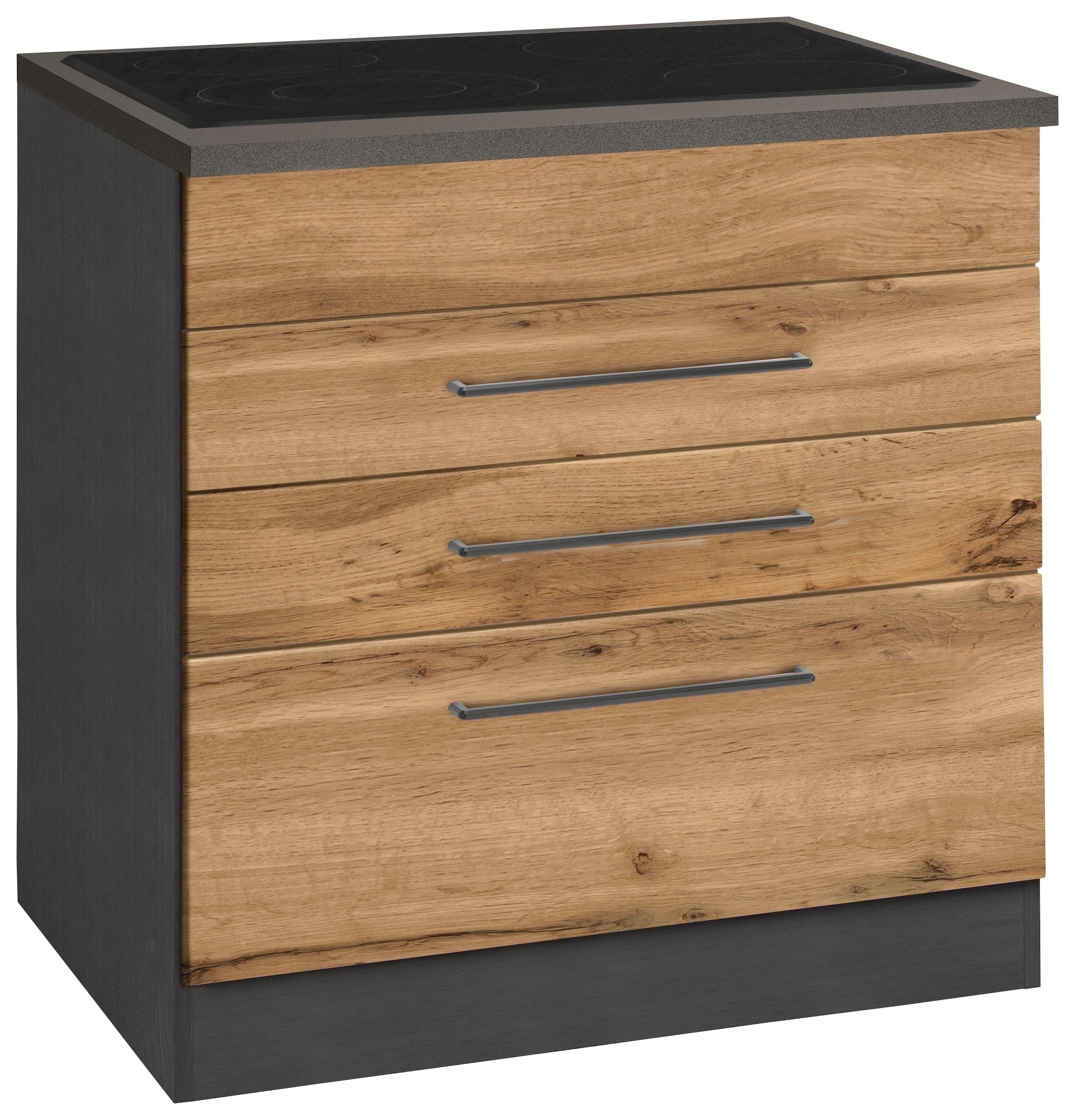 KOCHSTATION Kochfeldumbauschrank "KS-Tulsa" 80 cm breit, 2 Schubladen, 1 großer Auszug, schwarzer Metallgriff