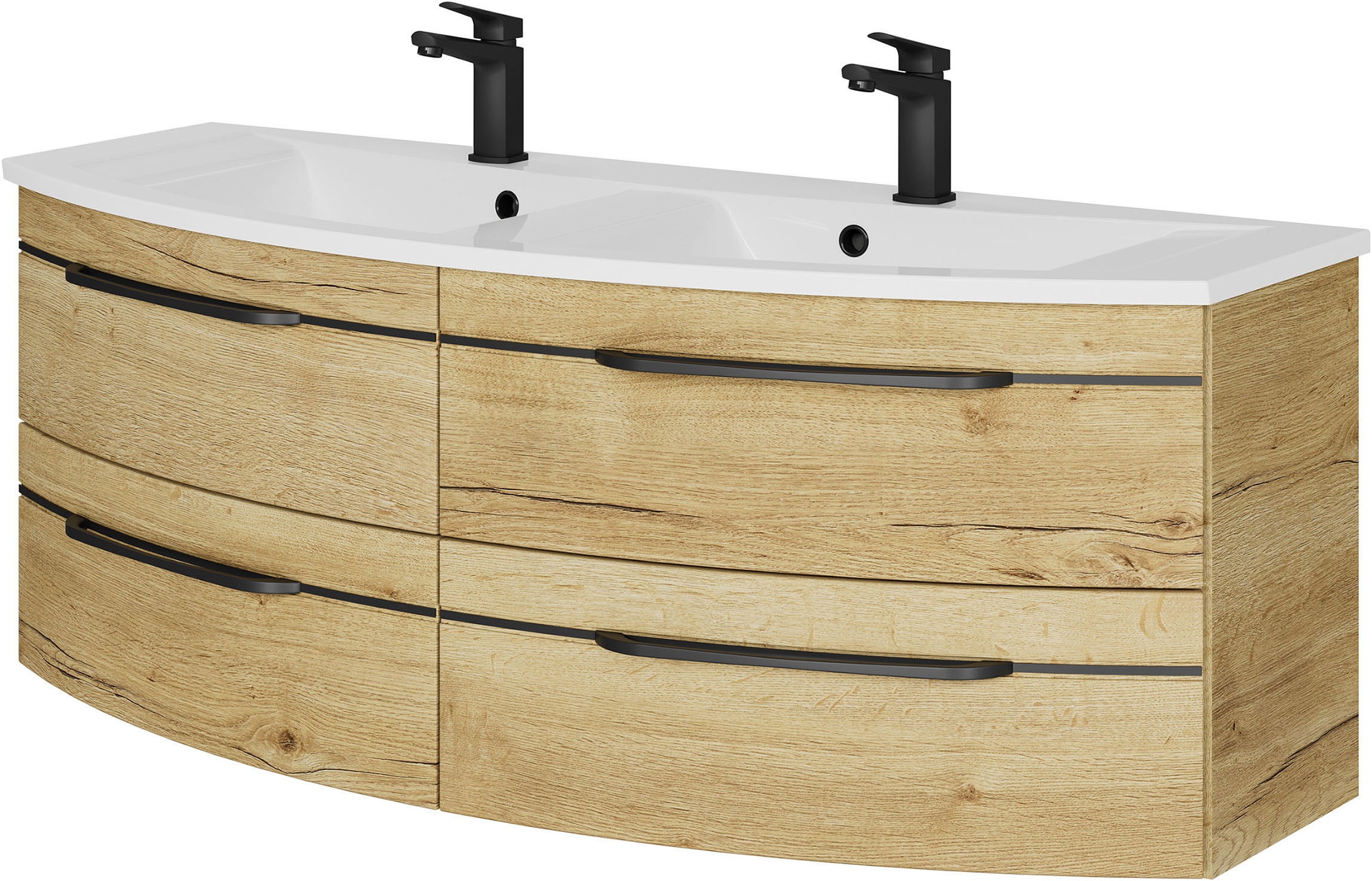Saphir Badmöbel-Set »Badezimmer-Set 133,2 cm breit, inkl. Türdämpfer, 3 Türen, 4 Schubladen«, (Set, 2 St.), Serie 7045 2-teilig Mineralmarmor-Doppelwaschtisch, LED-Spiegelschrank