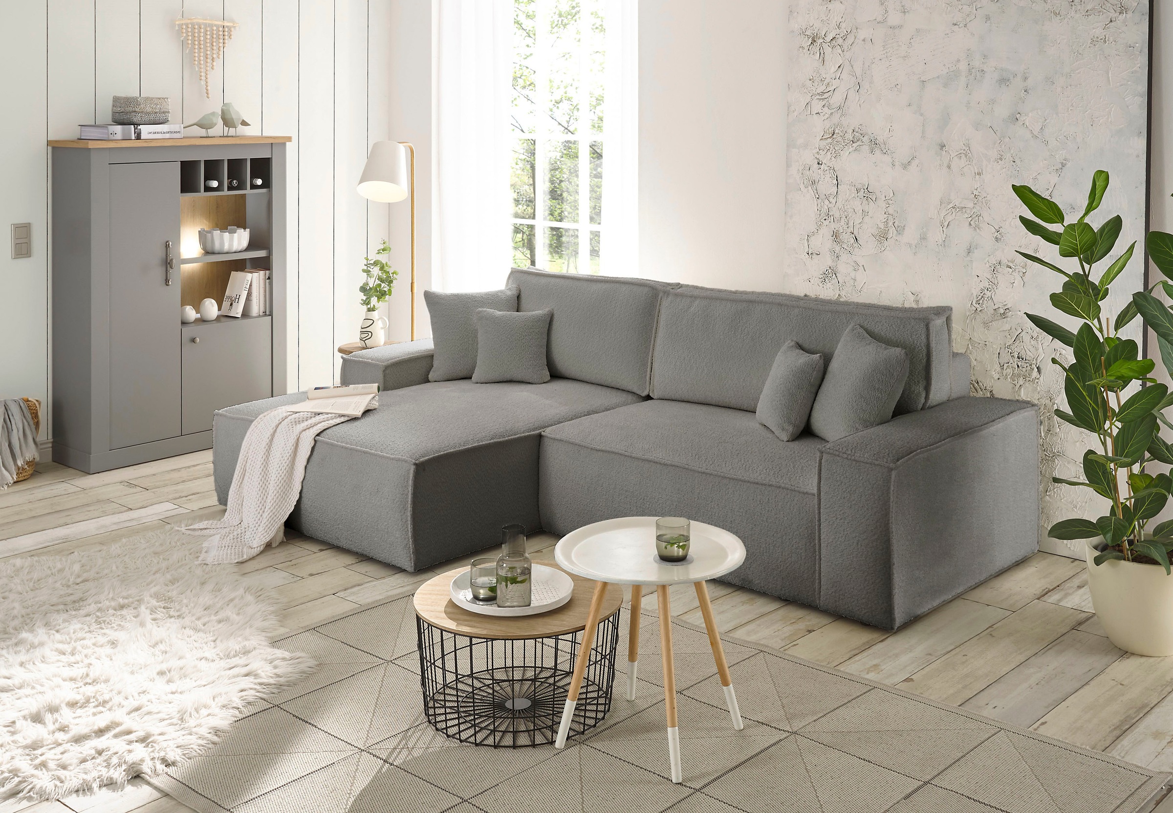 andas Ecksofa »Finnley Schlafsofa 267 cm in Bouclé, Struktur fein u. Cord, L-Form,«, Schlaffunktion m. Bettkasten (136/210 cm), Bouclé, Struktur und Cord